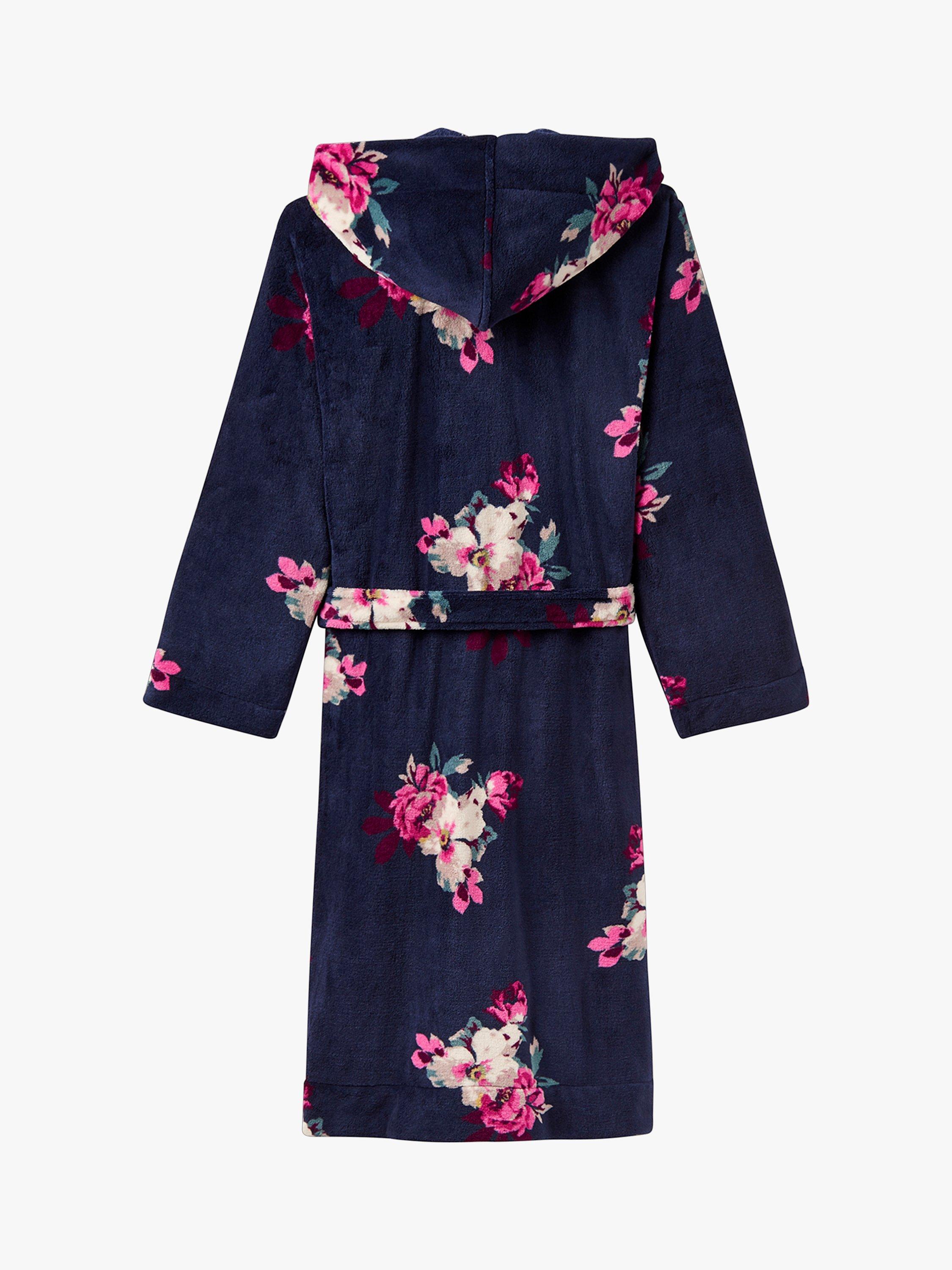 Joules Rita Floral Print Fleece Dressing Gown Navy