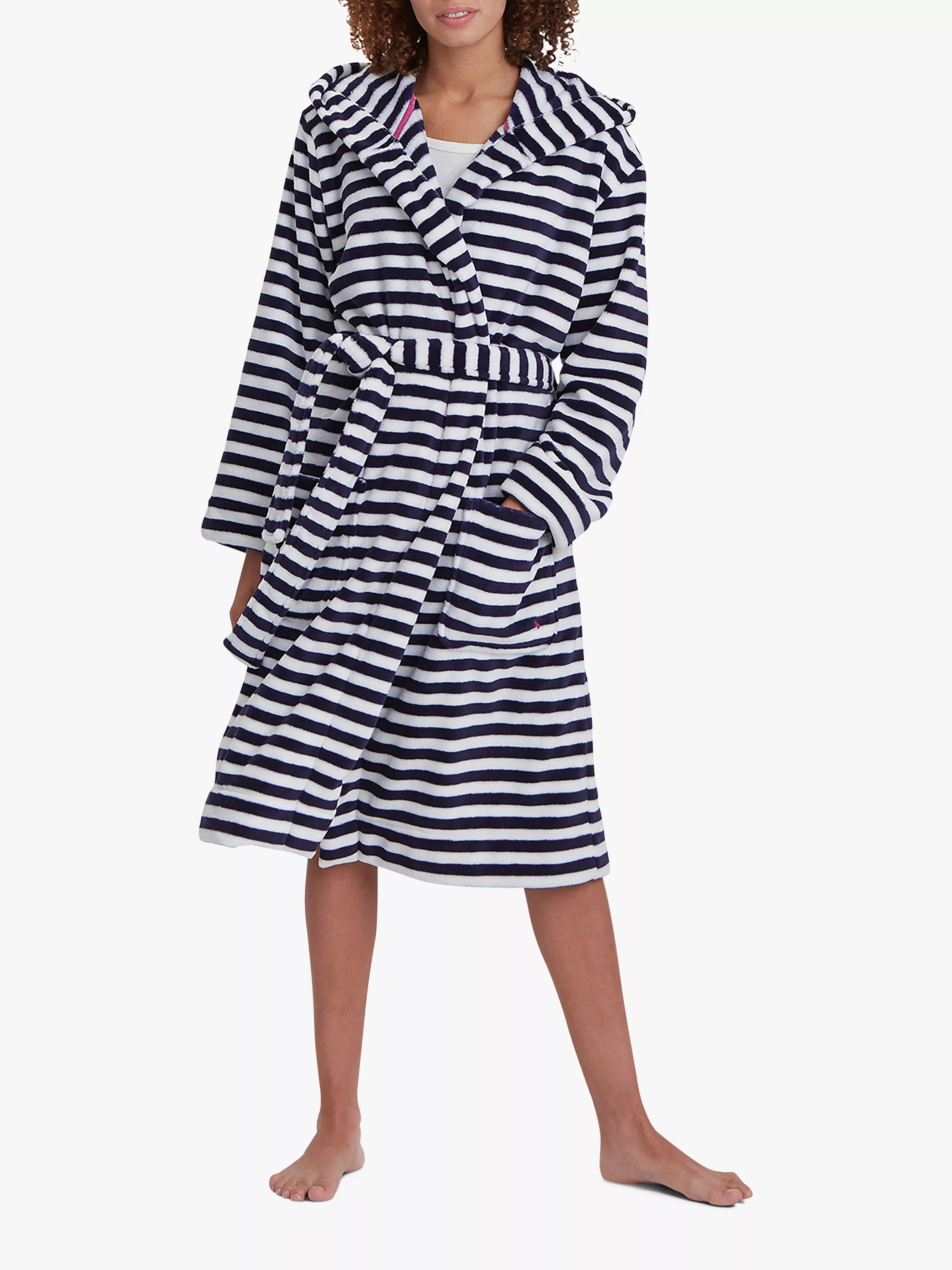 Joules Rita Stripe Fleece Dressing Gown Navy White