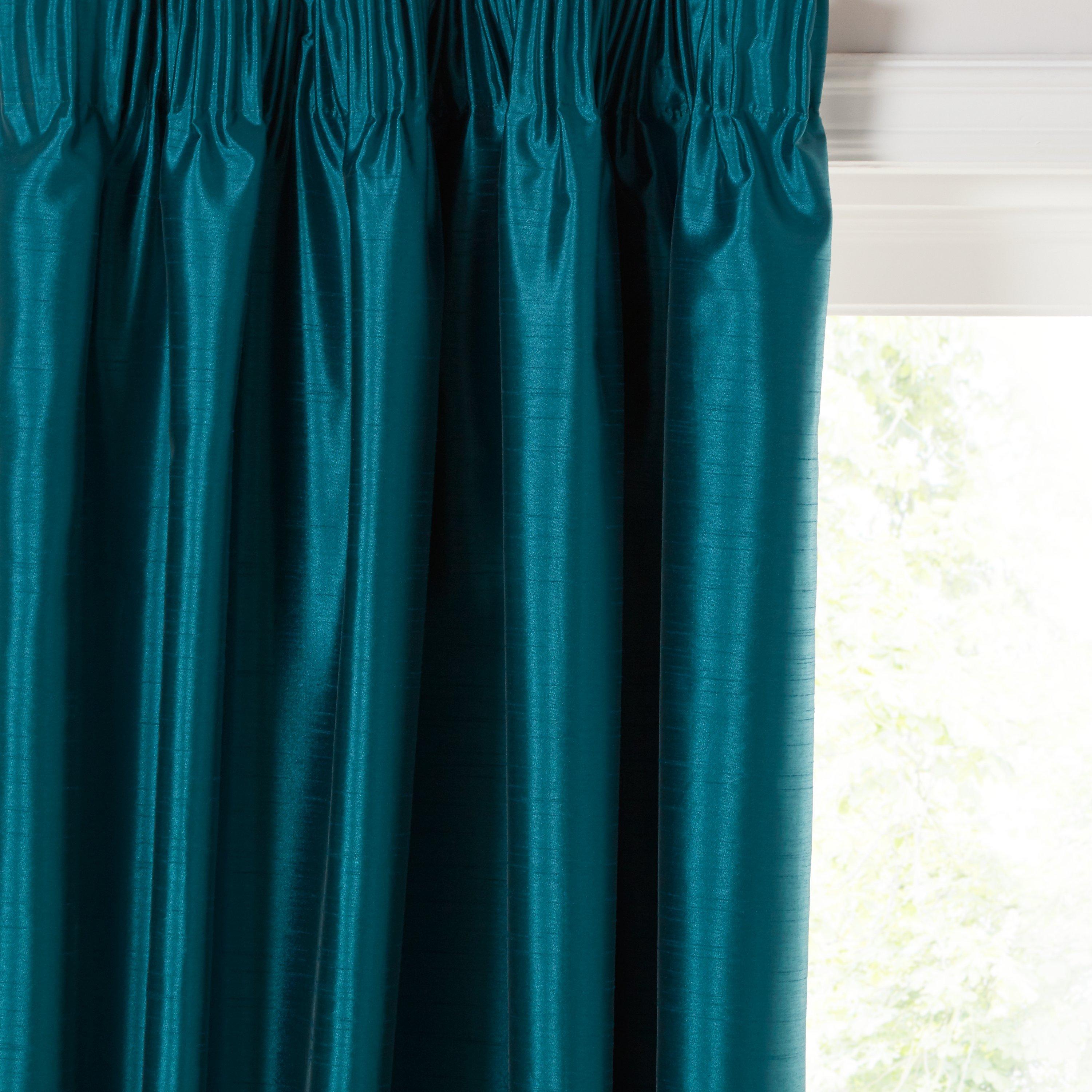 John Lewis & Partners Faux Silk Pair Blackout Lined Pencil Pleat Curtains, Teal