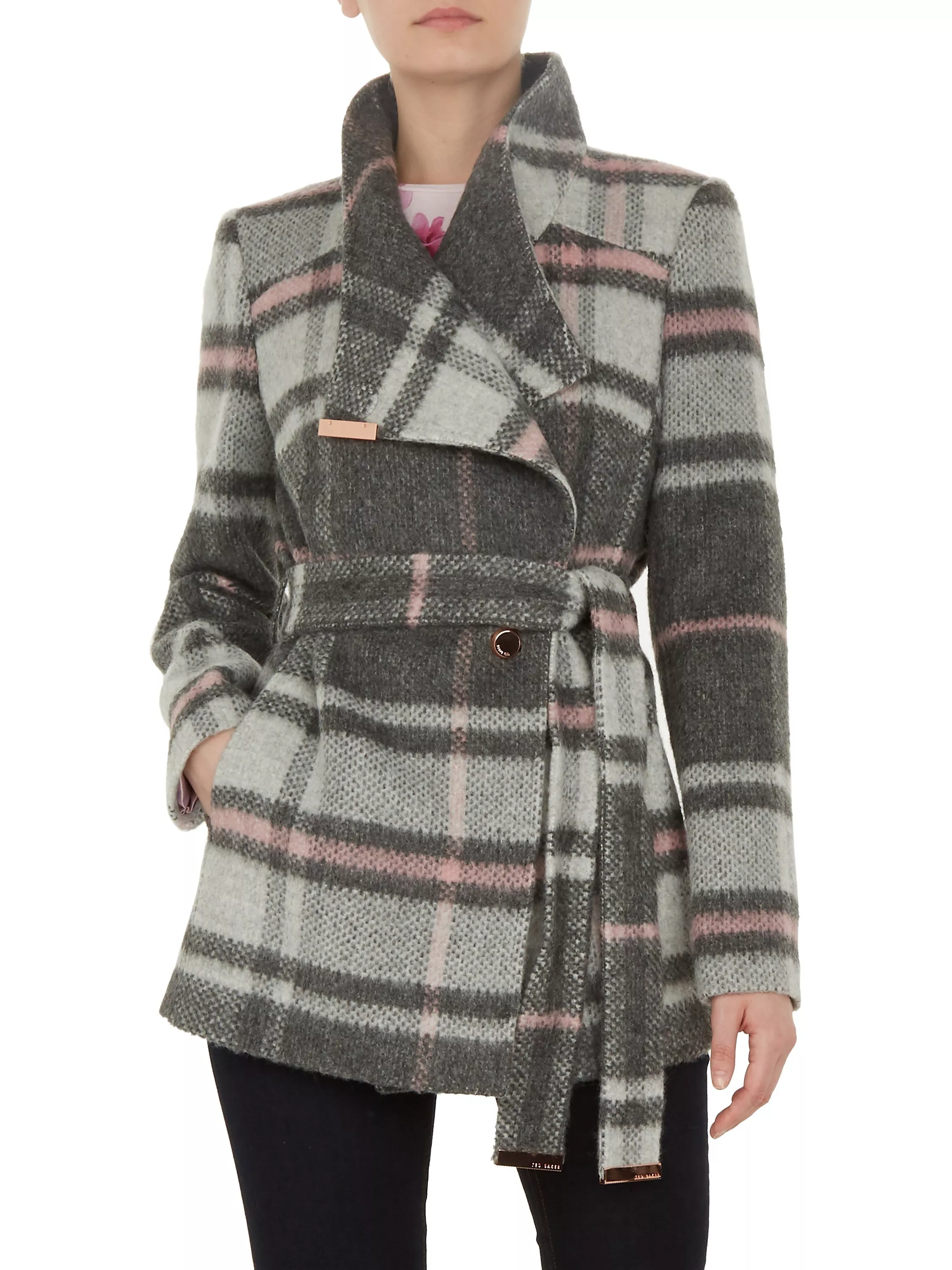 Ted Baker Fredde Short Check Wool Wrap Coat Light Grey