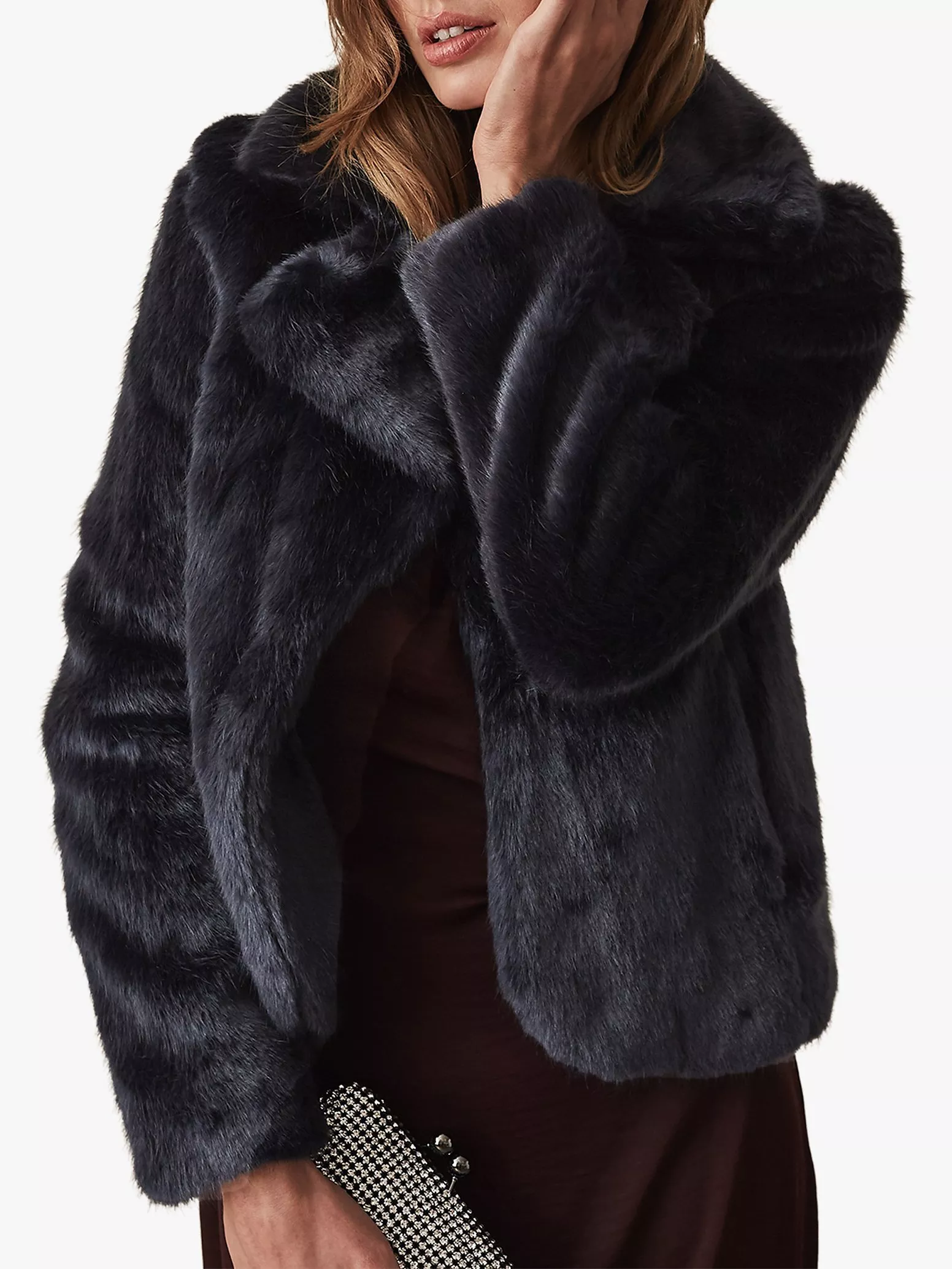 Reiss Aila Faux Fur Jacket Navy