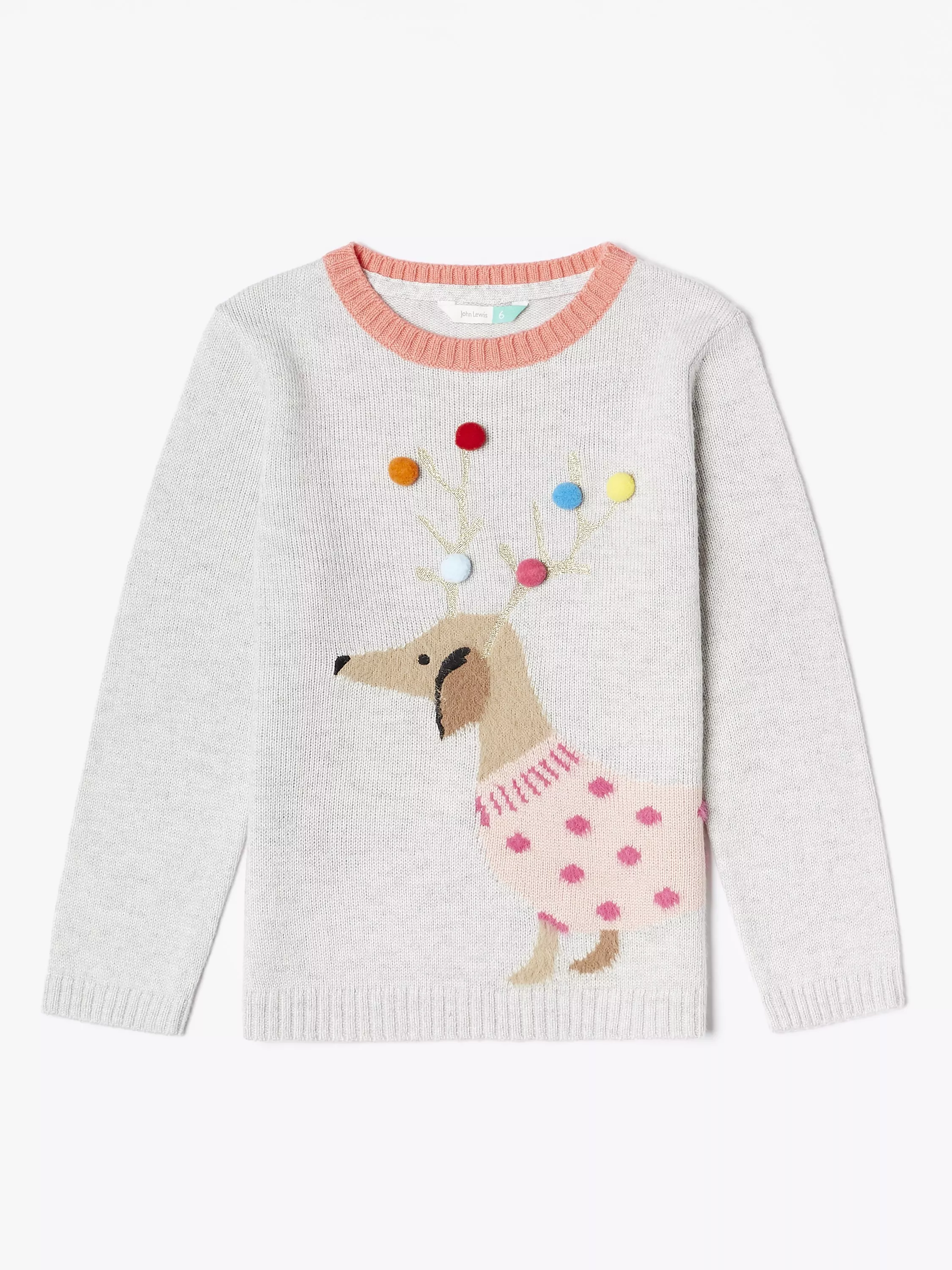 John Lewis Partners Girls Christmas Sausage Dog Jumper Grey