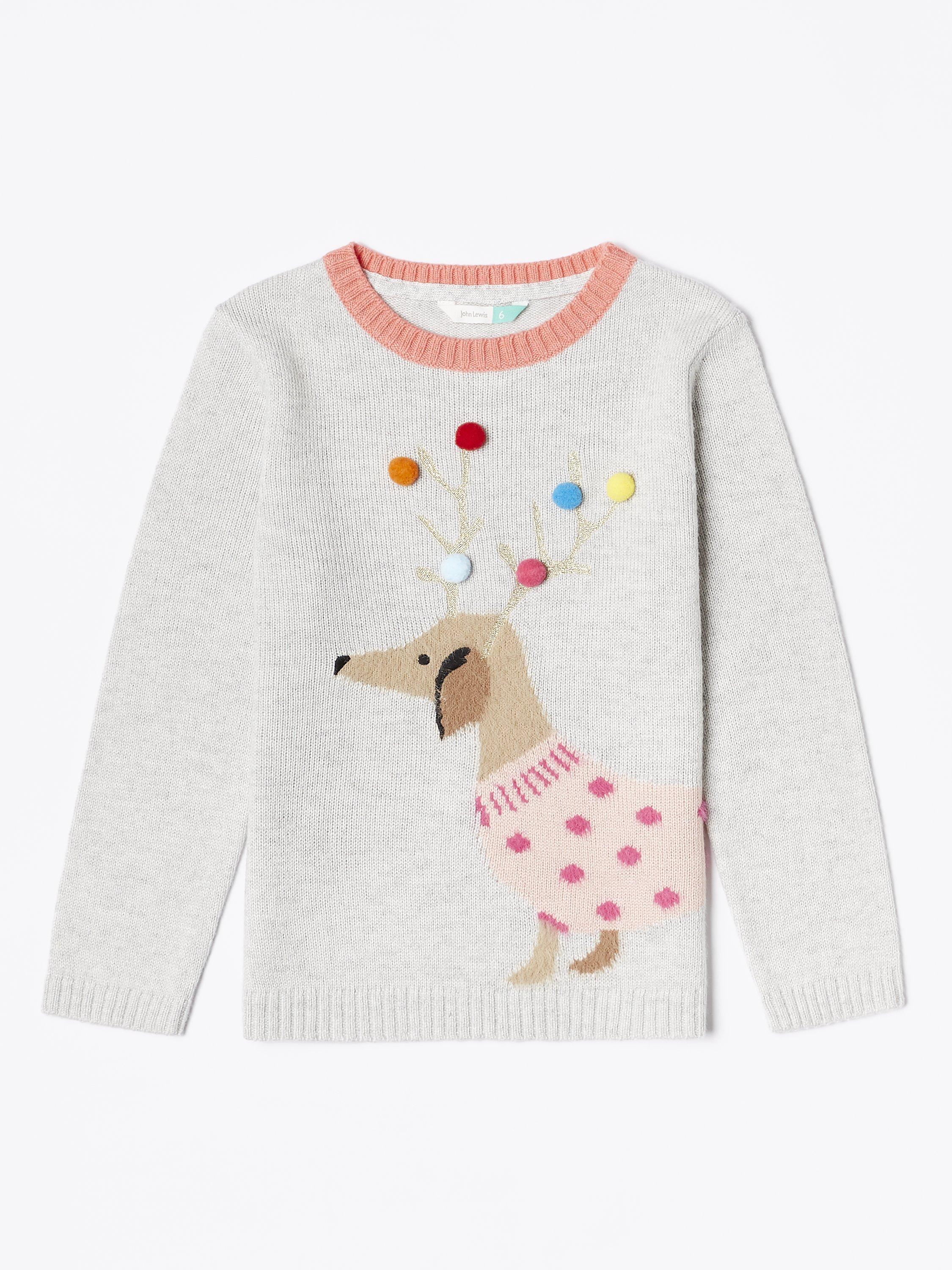 John Lewis Partners Girls Christmas Sausage Dog Jumper Grey