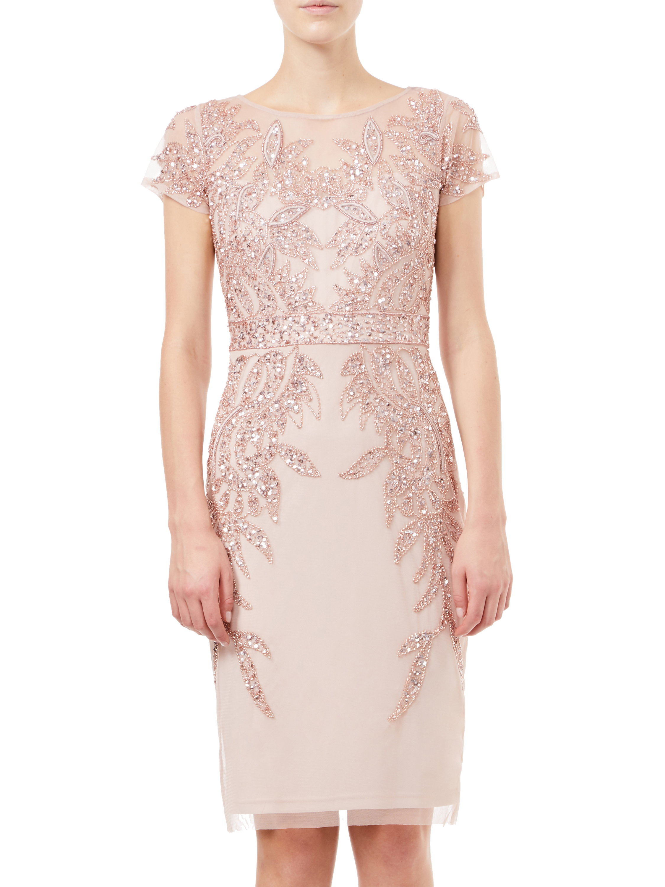 Adrianna Papell Short Sleeve Beaded Cocktail Dress, Rose Gold