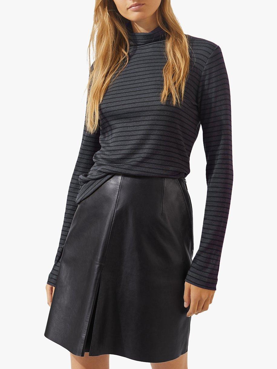 Jigsaw Mini Pleated Front Leather Skirt Black
