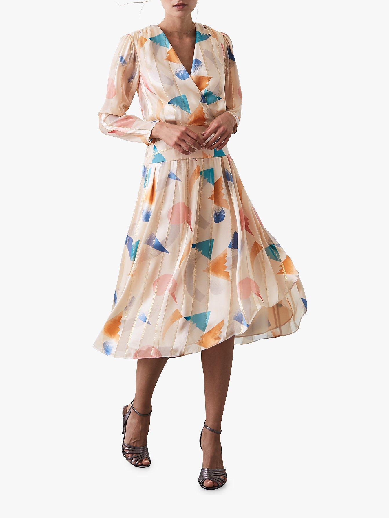 Reiss Silk Balance Print Pleated Dress, Neutral