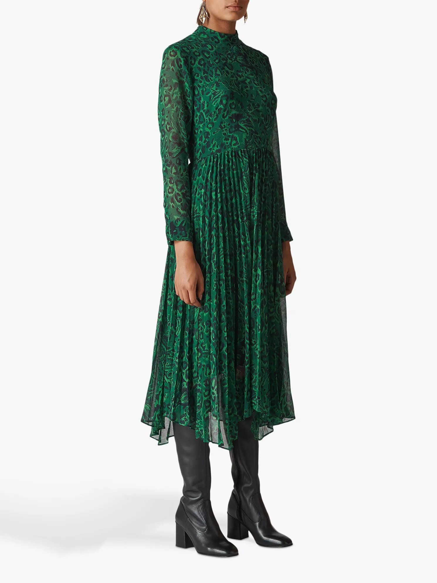 Whistles Jungle Cat Pleated Dress Green Multi