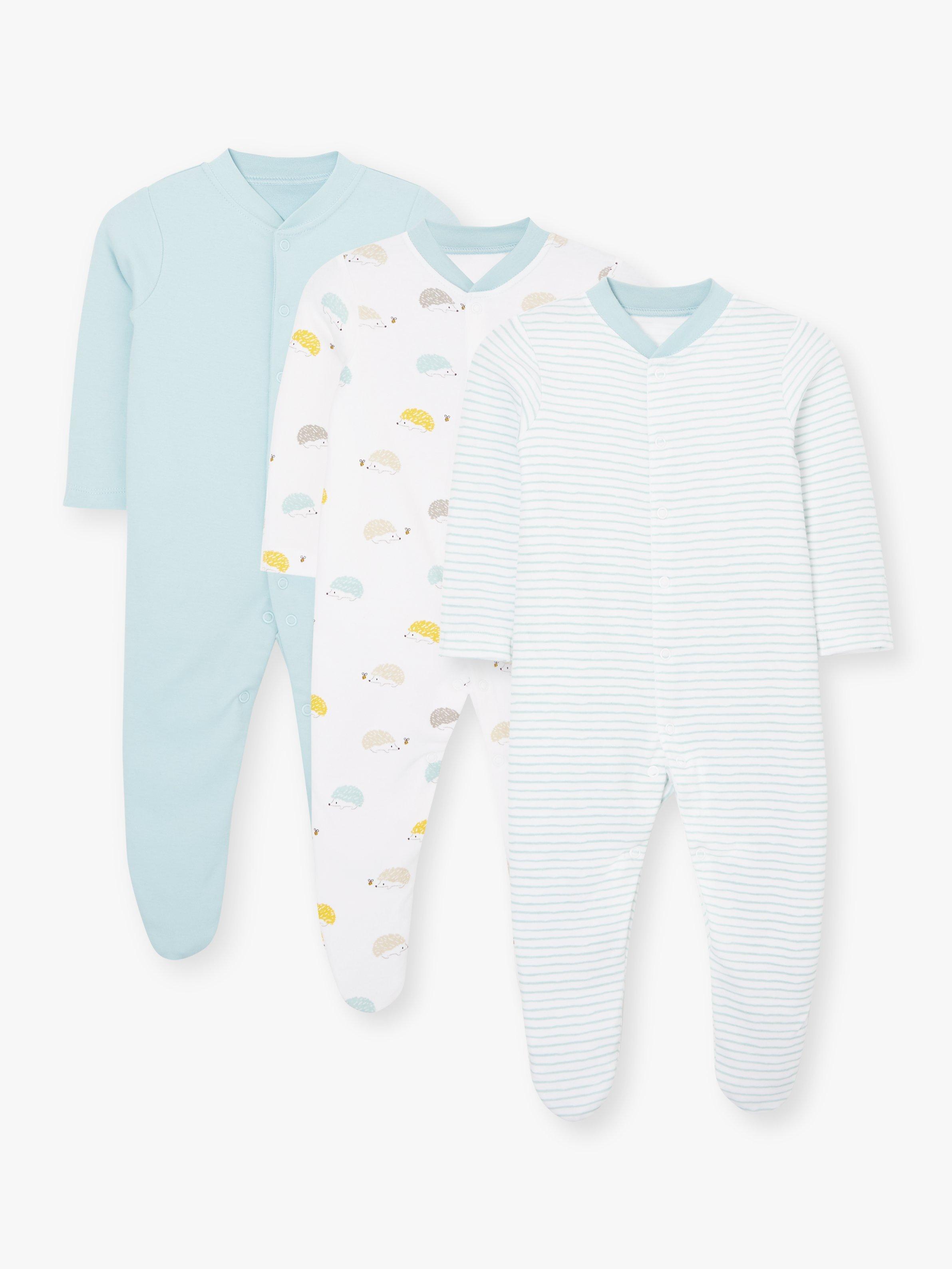 John Lewis Partners Baby Hedgehog Cotton Sleepsuit Pack of 3 Blue White