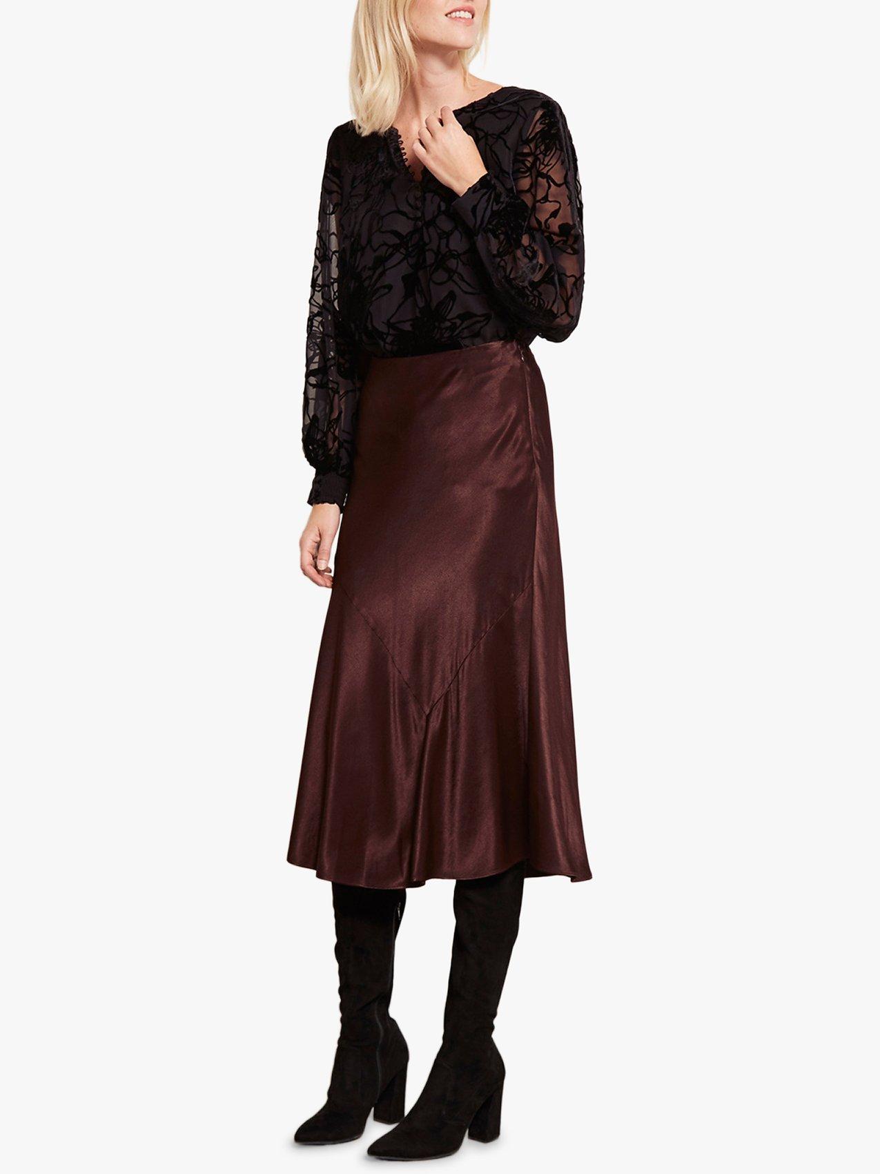 Mint Velvet satin Dip Hem Skirt, Dark Brown