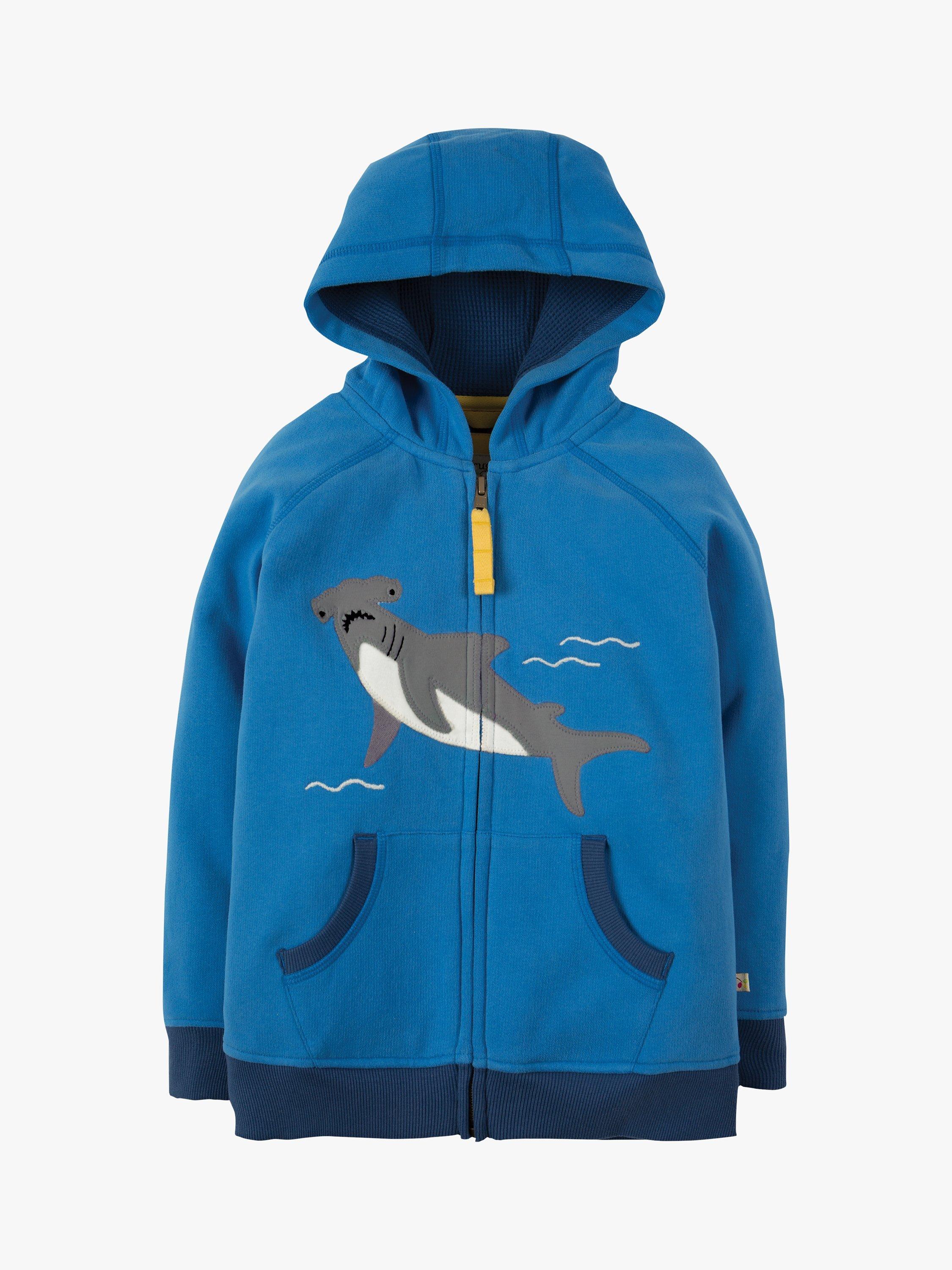 Frugi Children's Organic Cotton Shark Zip Up Hoodie, Blue