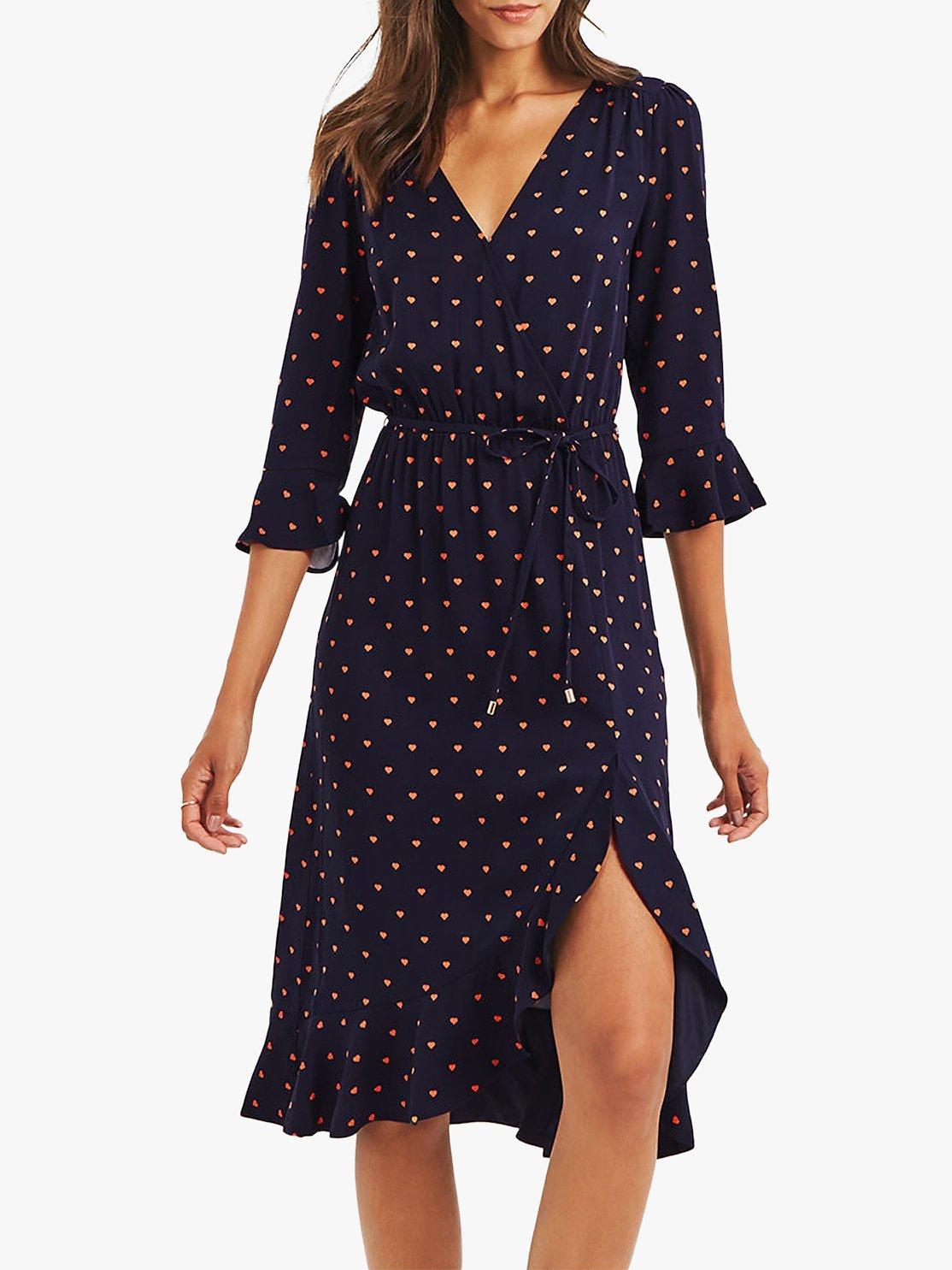 Oasis Heart Print Wrap Dress, Navy