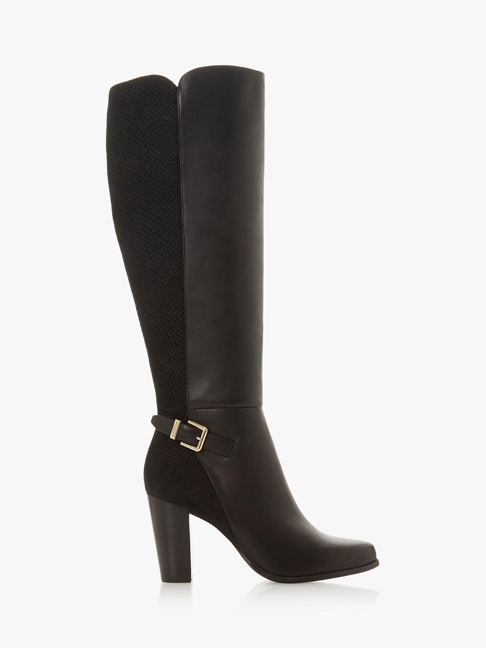 Dune Samuella Block Heel Knee High Boots, Black Leather