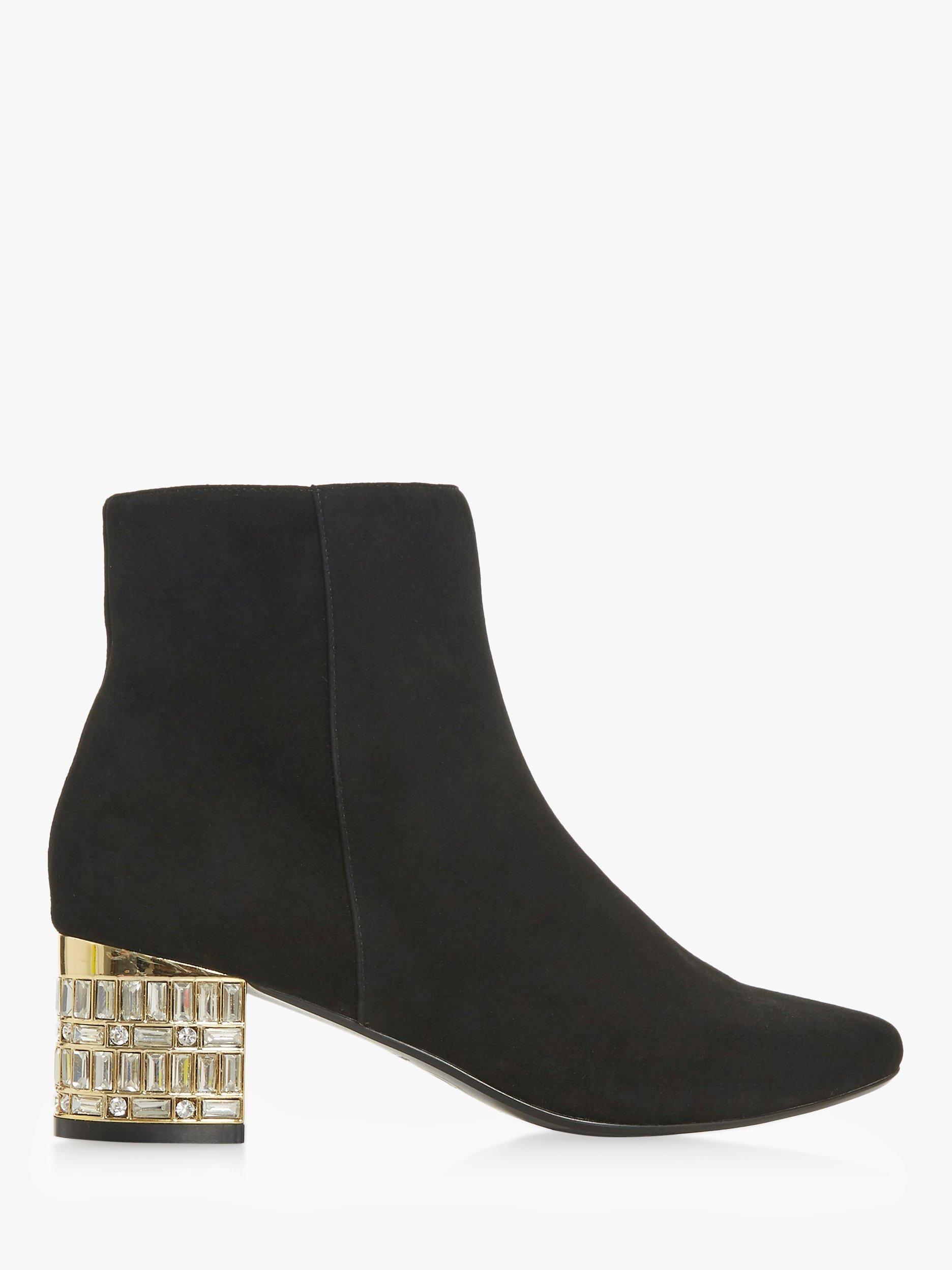 Dune Onaa Embellished Mirrored Block Heel Ankle Boots, Black Suede