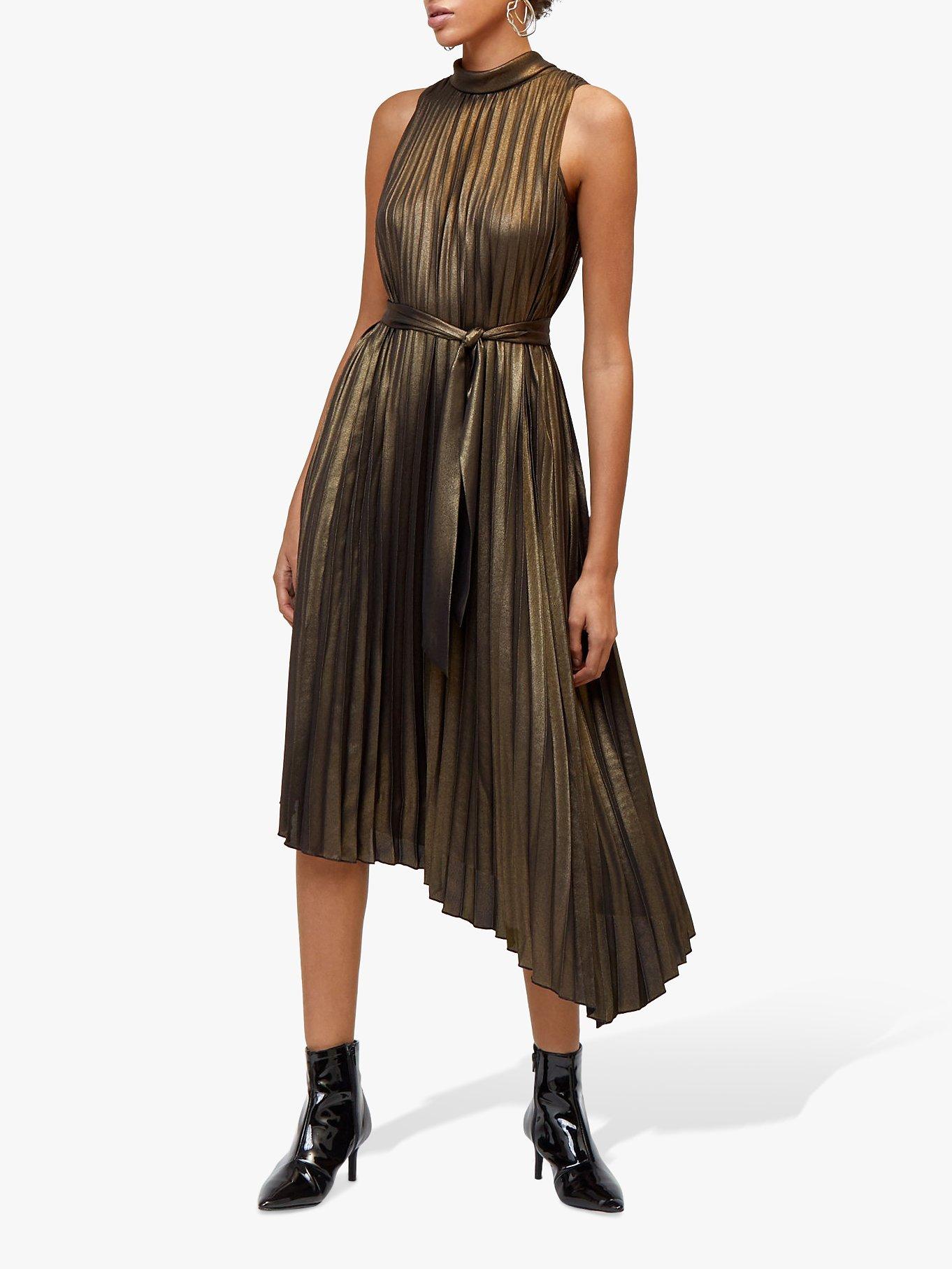 Warehouse Foil Pleated Dress, Gold