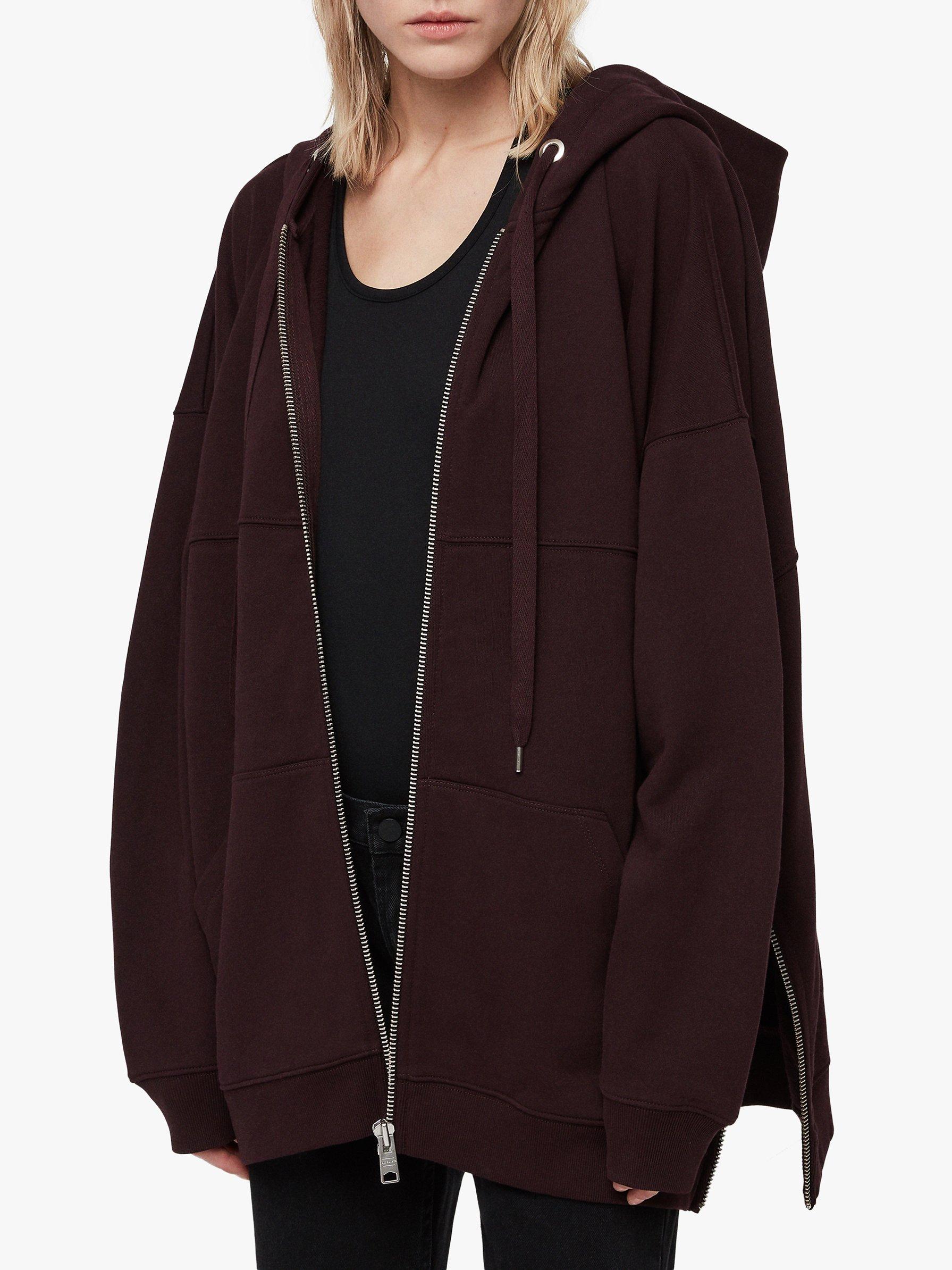 AllSaints Bella Oversized Zip Up Hoodie Dark Burgundy Red