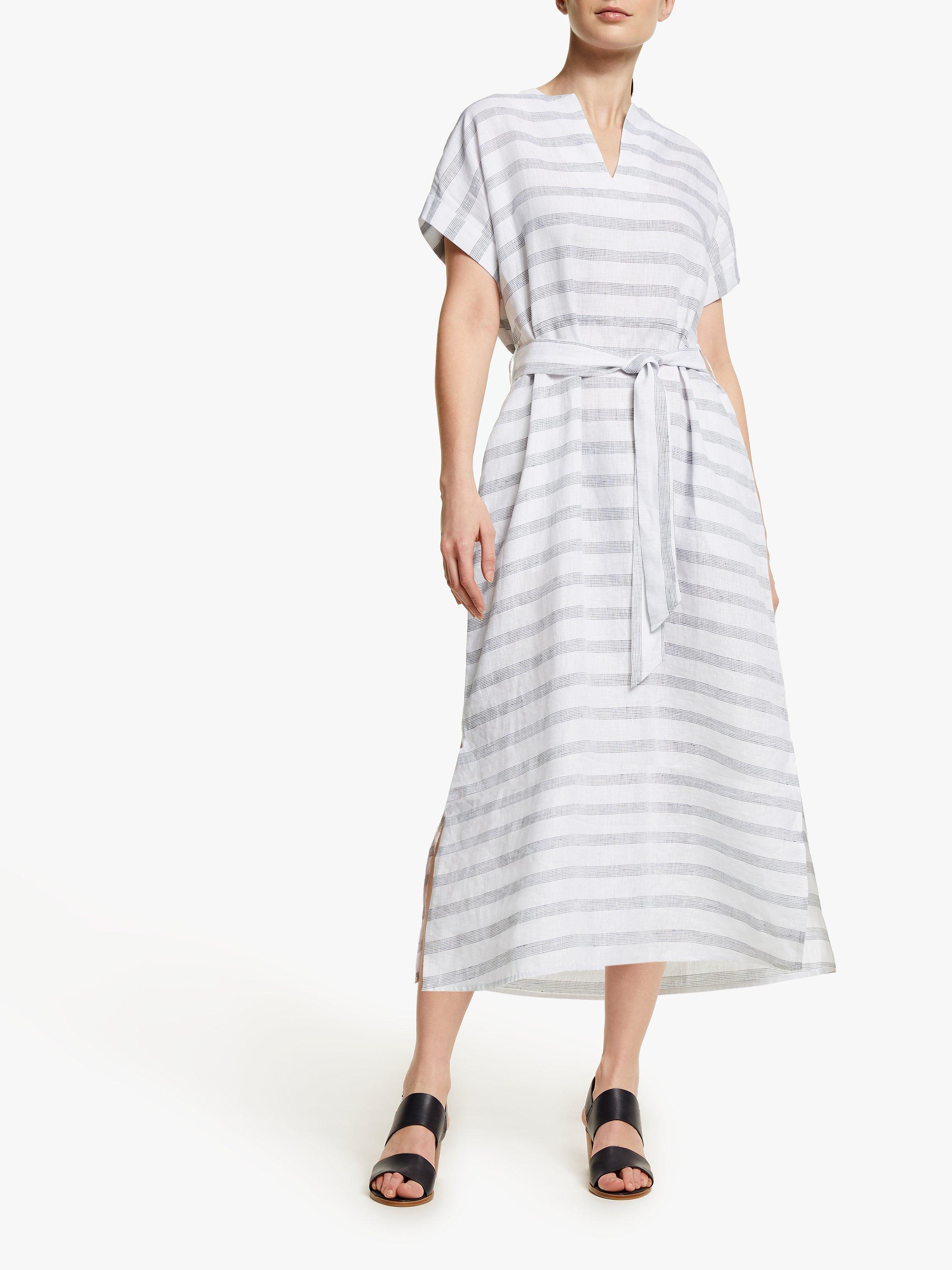 John Lewis & Partners Linen Belted Shirt Dress, White/Black, 10