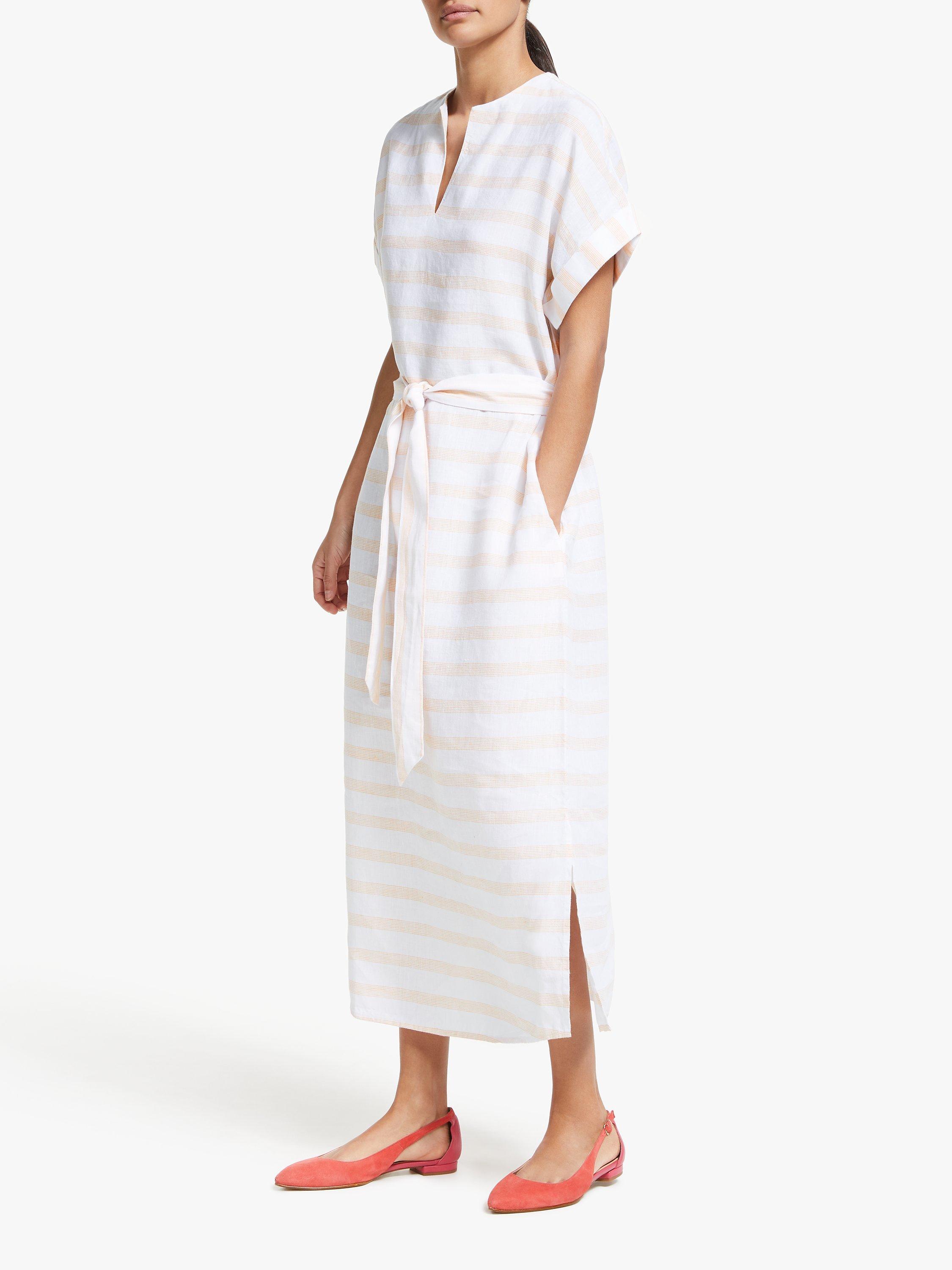 John Lewis & Partners Linen Belted Shirt Dress, White/Yellow