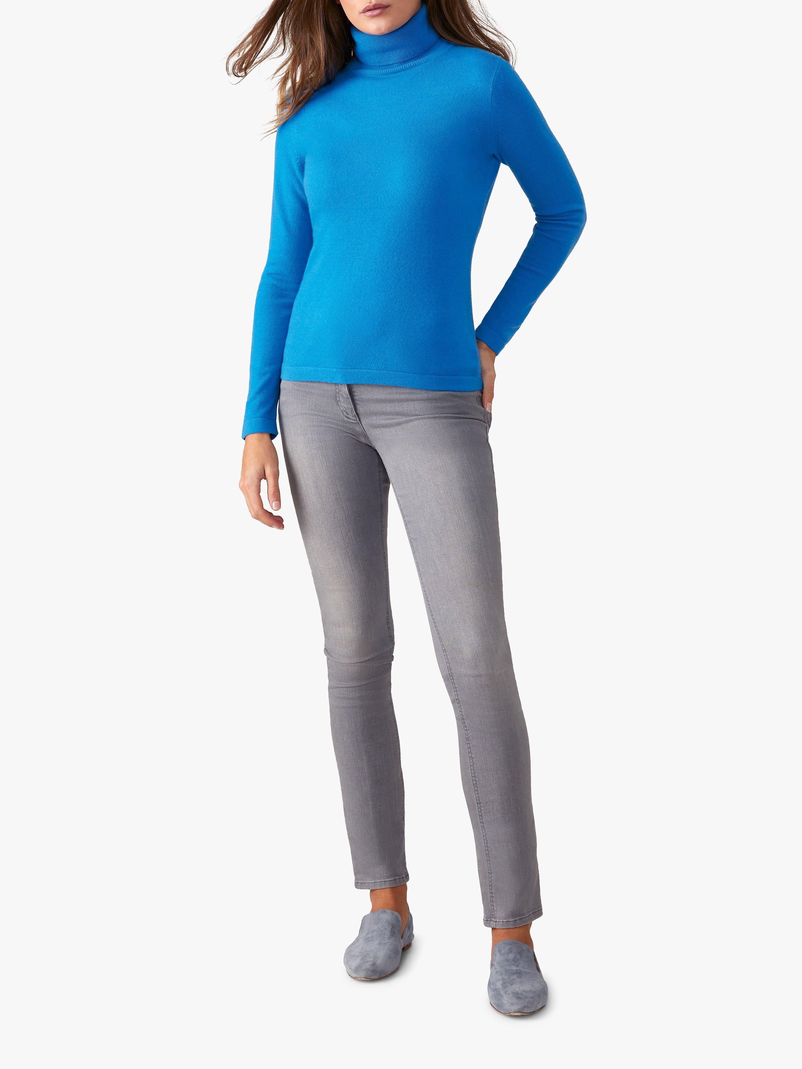 Product image 1 of 4, which shows Pure Collection Cashmere Roll Neck Jumper, Greek Blue, 8
