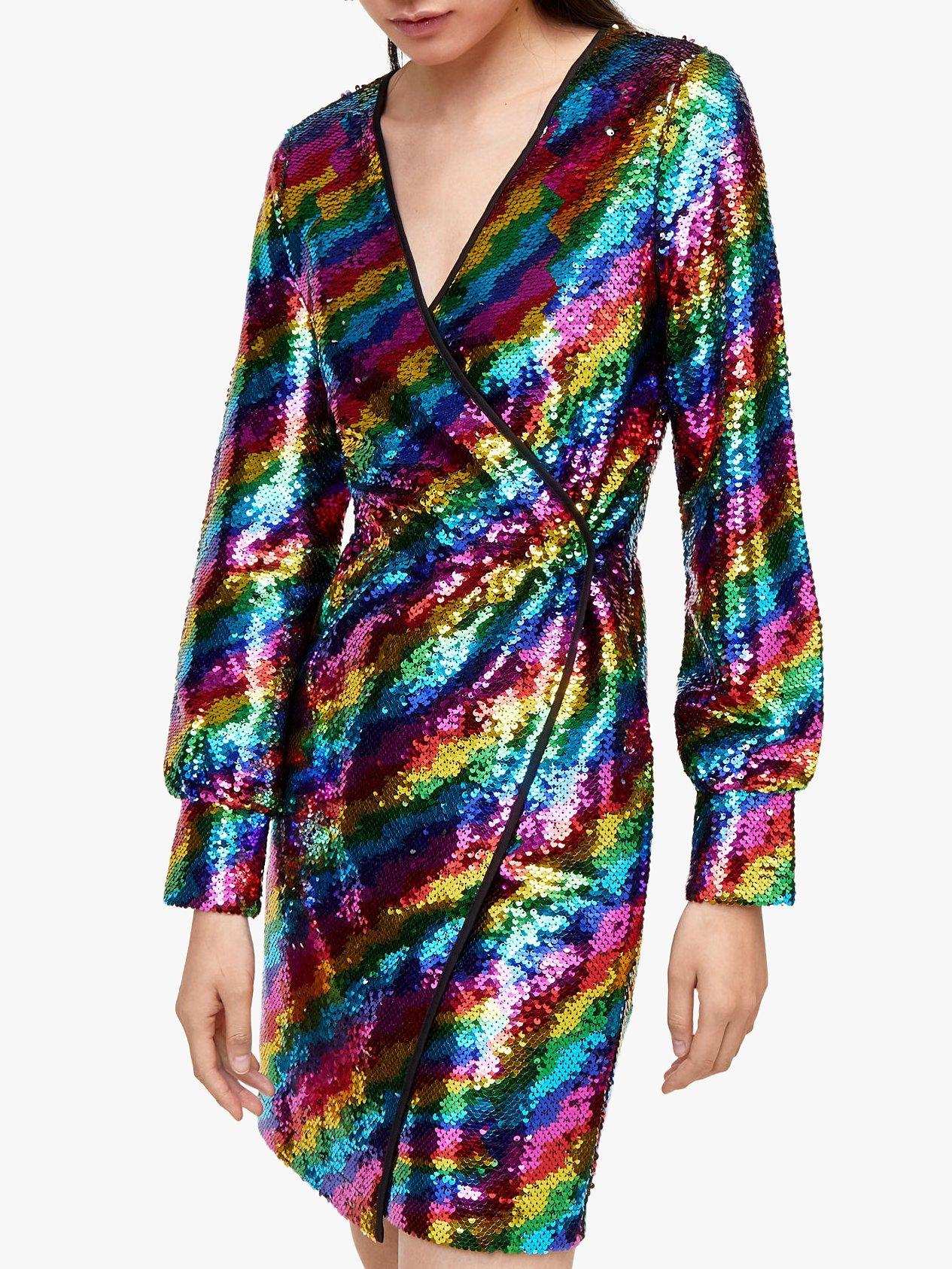 Warehouse Rainbow Sequin Wrap Dress Multi