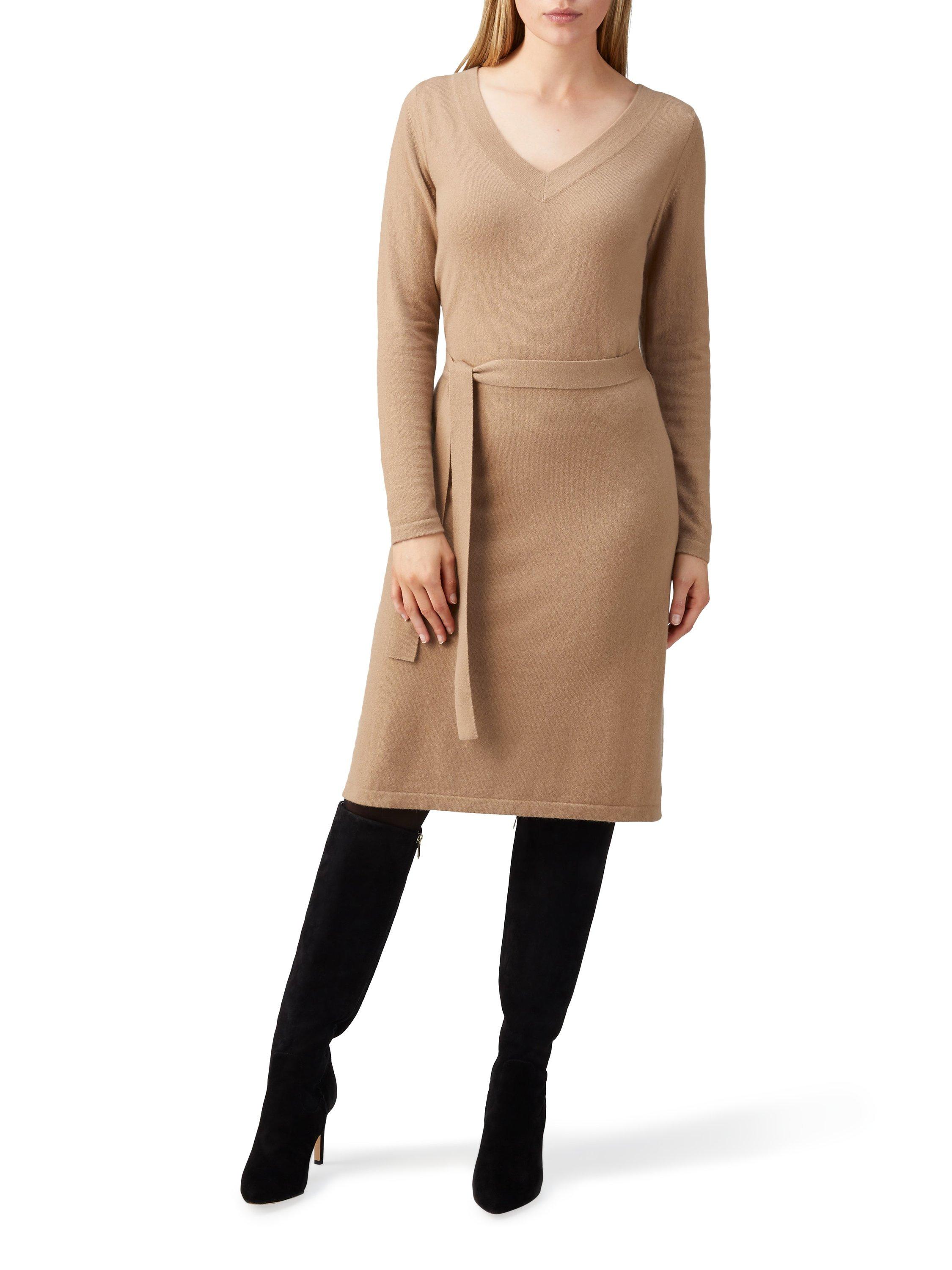 Product image 1 of 3, which shows Pure Collection Cashmere V-Neck Dress, Soft Walnut, 8