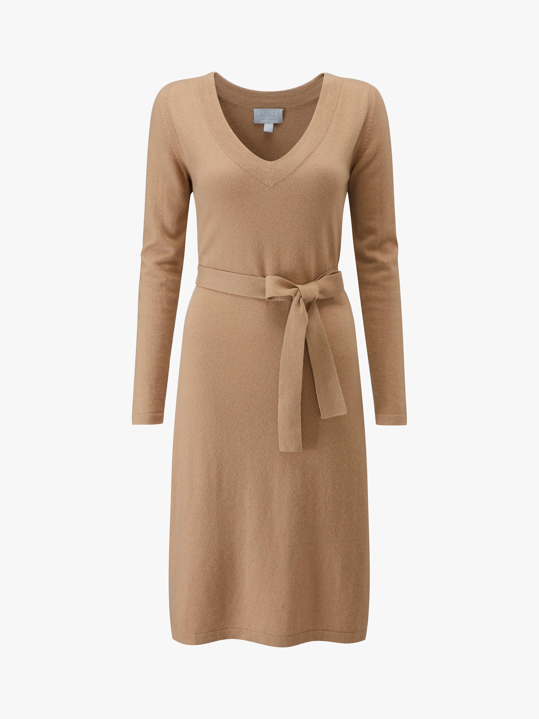 Product image 3 of 3, which shows Pure Collection Cashmere V-Neck Dress, Soft Walnut, 8