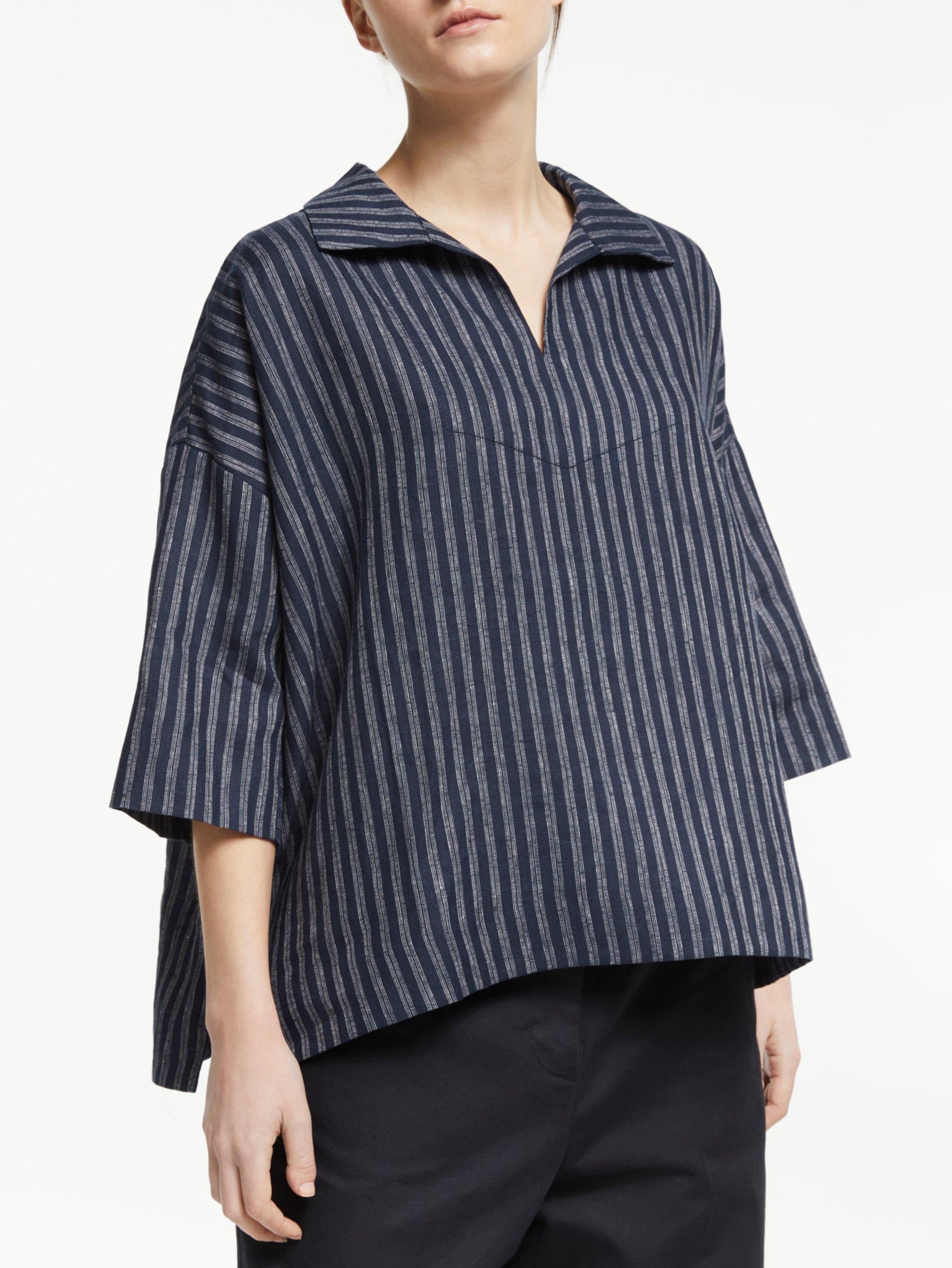 Kin Poplin Fisherman Stripe Linen Smock Top, Blue