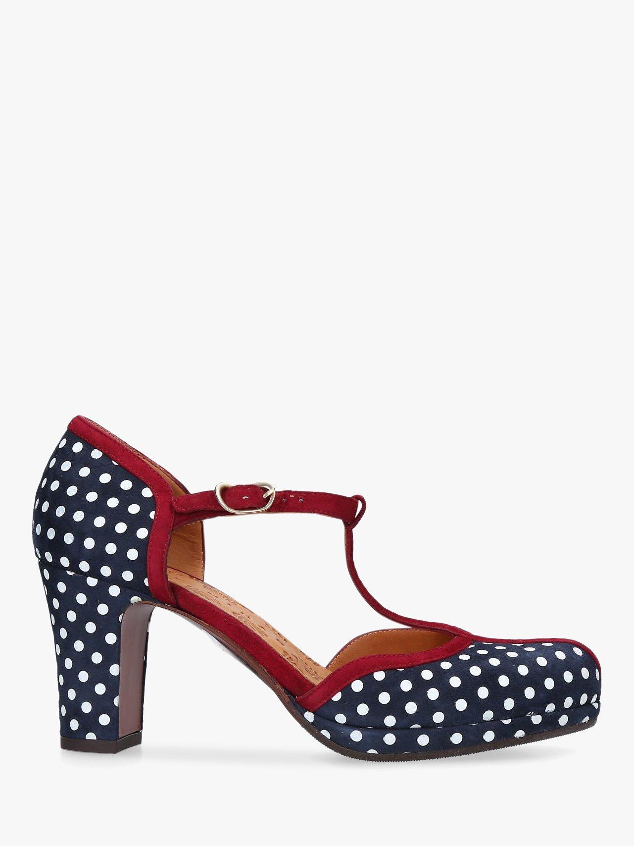 Chie Mihara Janika T-Bar Block Heel Court Shoes, Navy/Red Suede
