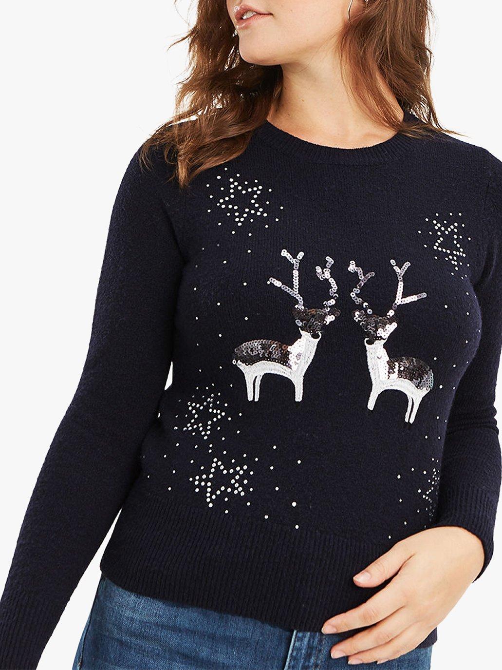 Oasis Kissing Reindeer Christmas Jumper, Navy