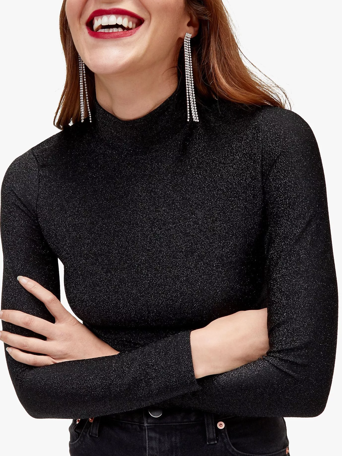 Warehouse Sparkle Polo Neck Top Black
