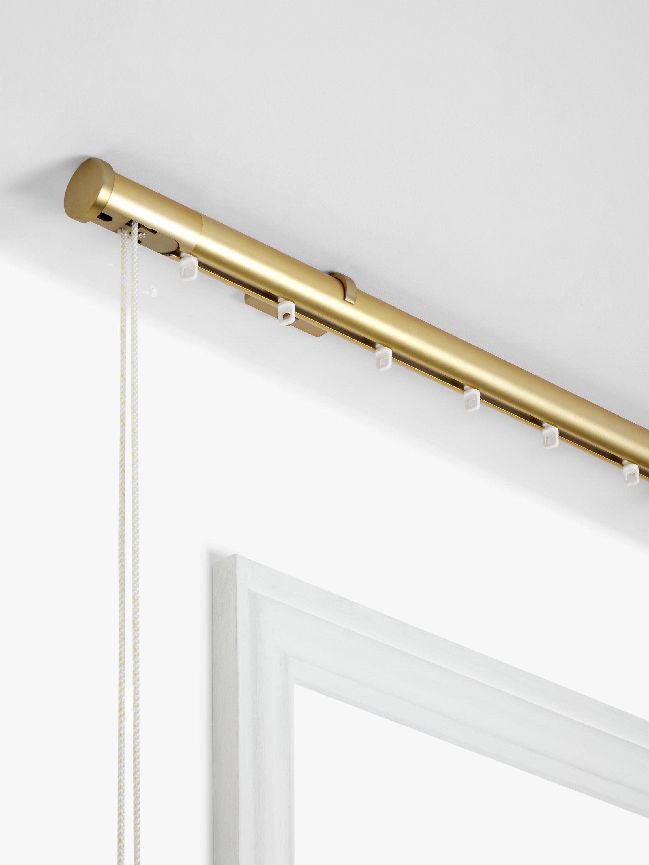John Lewis & Partners Made to Measure Revolution Bay Bend Curtain Track with Gliders and Disc Finials, Flush Ceiling Fix, Brushed Brass, with 2 Bends, Dia.30mm x Max L4.8m