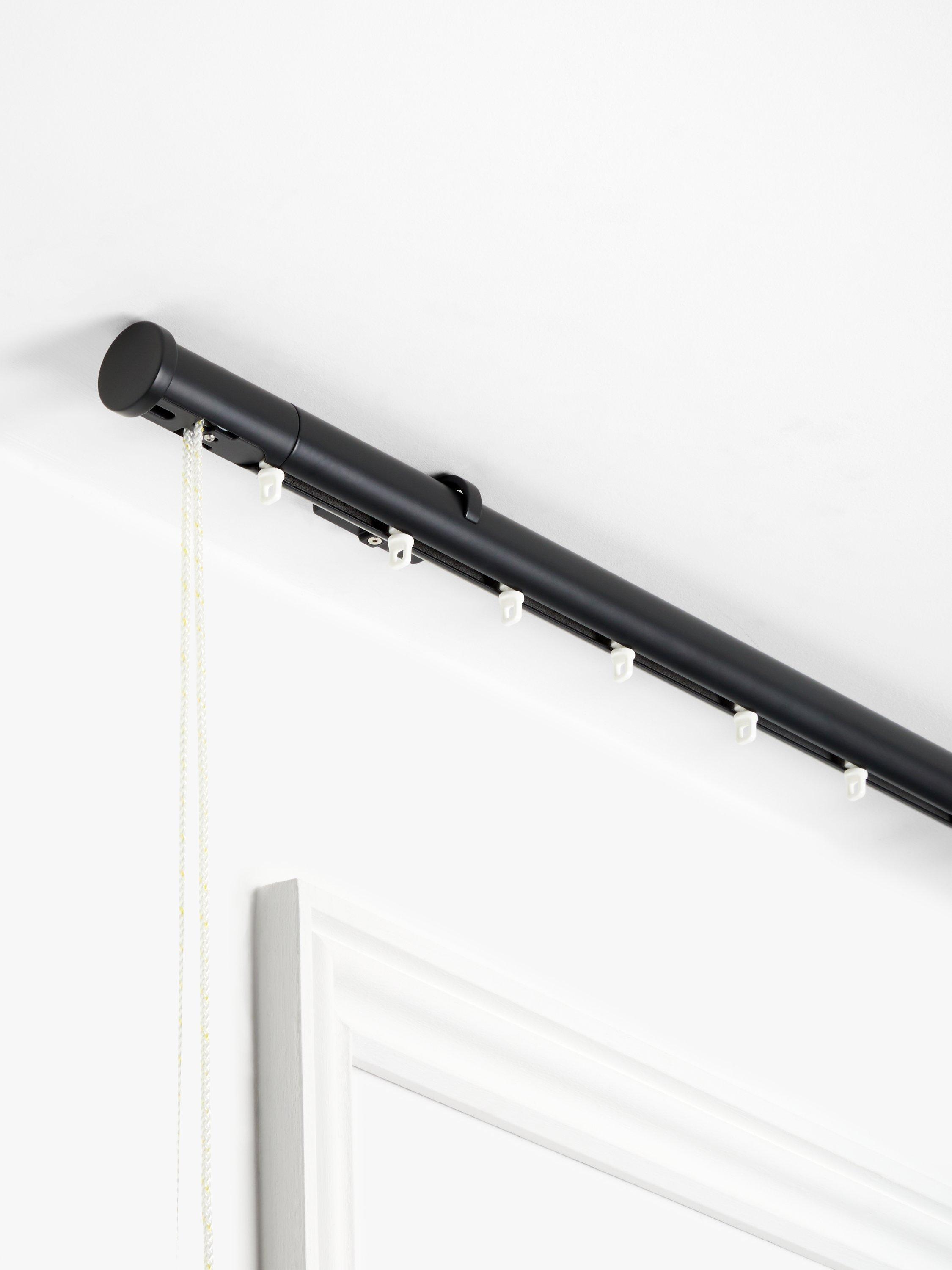 John Lewis & Partners Made to Measure Revolution Bay Bend Curtain Track with Gliders and Disc Finials, Flush Ceiling Fix, Satin Black, with 2 Bends, Dia.30mm x Max L4.8m