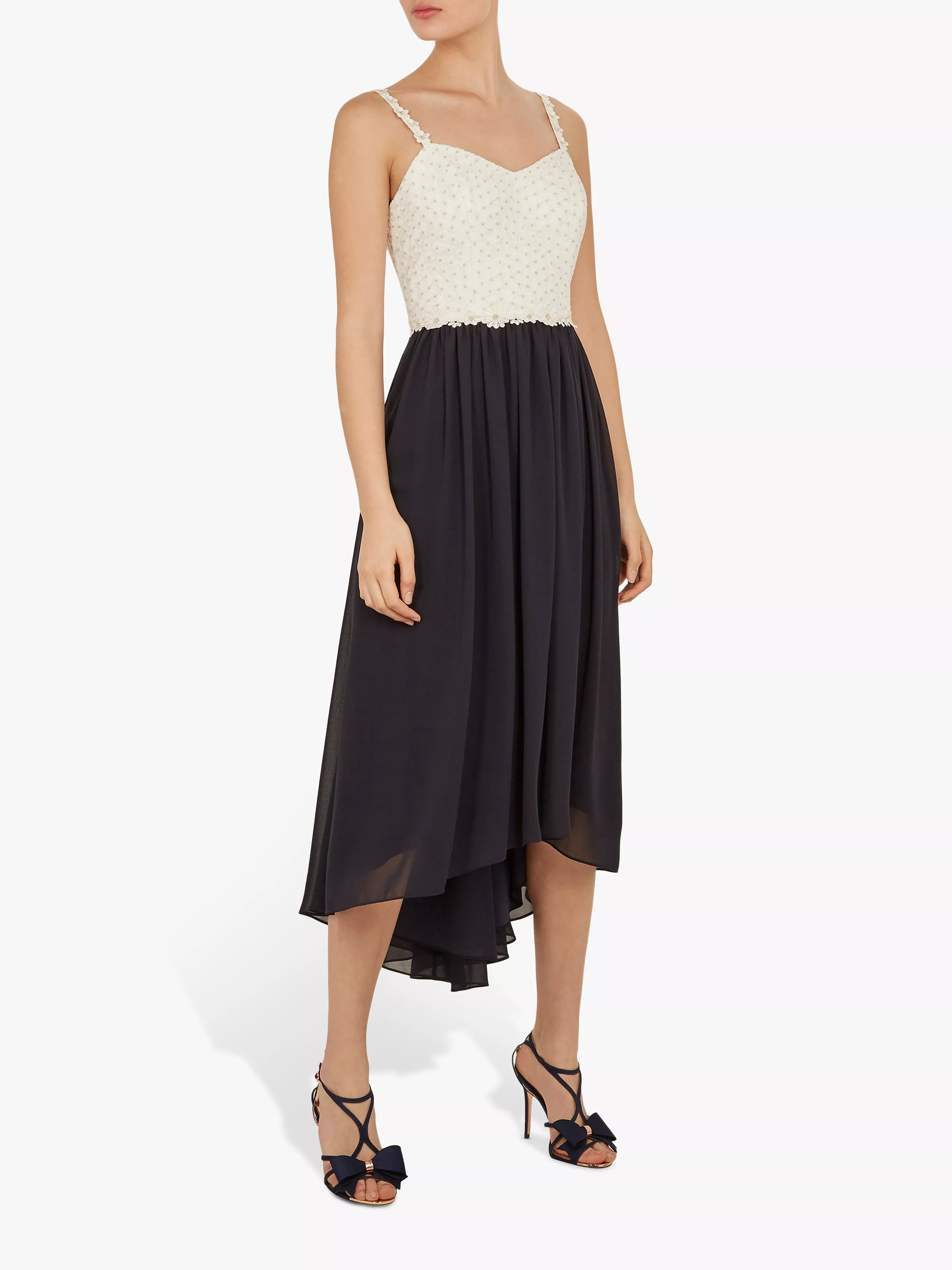 Ted Baker Rosemry Daisy Dip Hem Pleat Midi Dress Navy