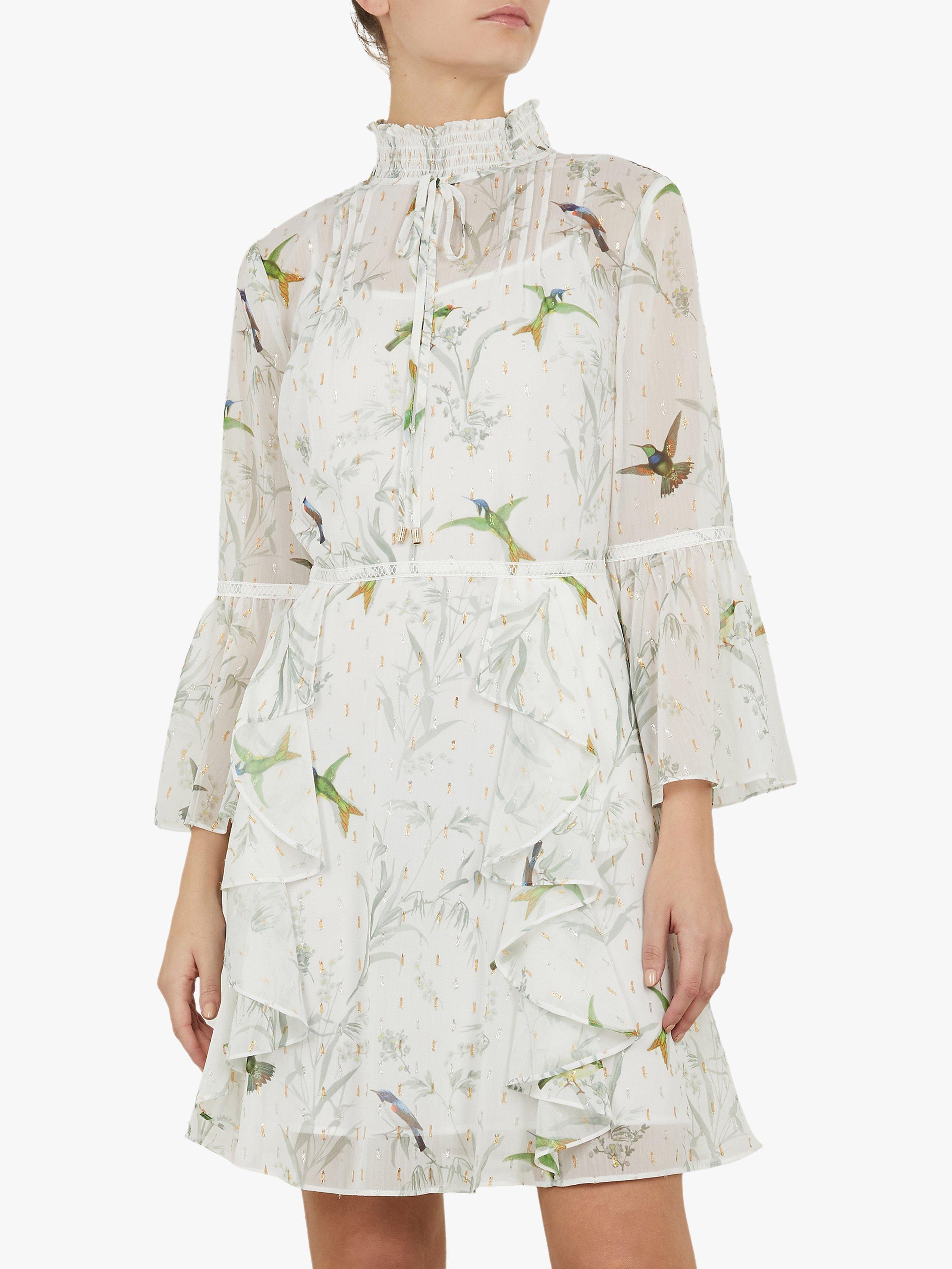 Ted Baker Andray Bird Print Ruffle Dress Mint Green