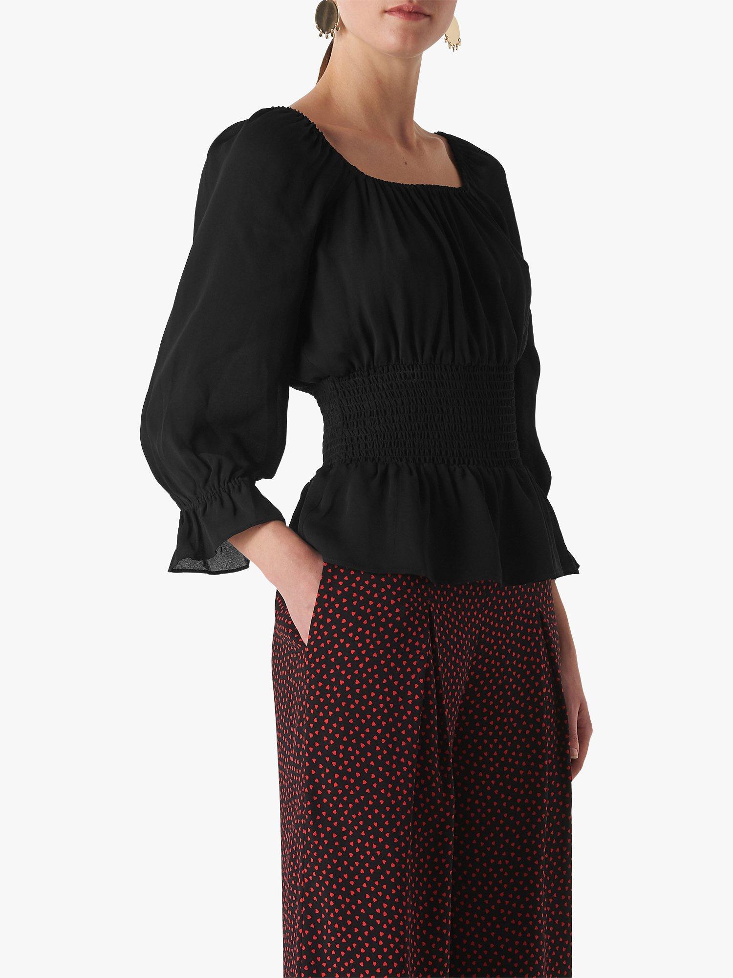 Whistles Adara Smocked Waist Top, Black