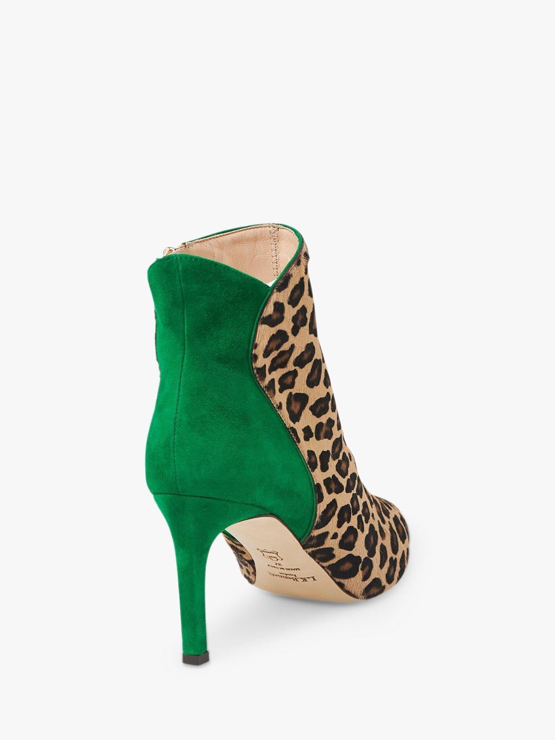 L.K.Bennett Maja Stiletto Heel Ankle Boots Green Leopard Leather