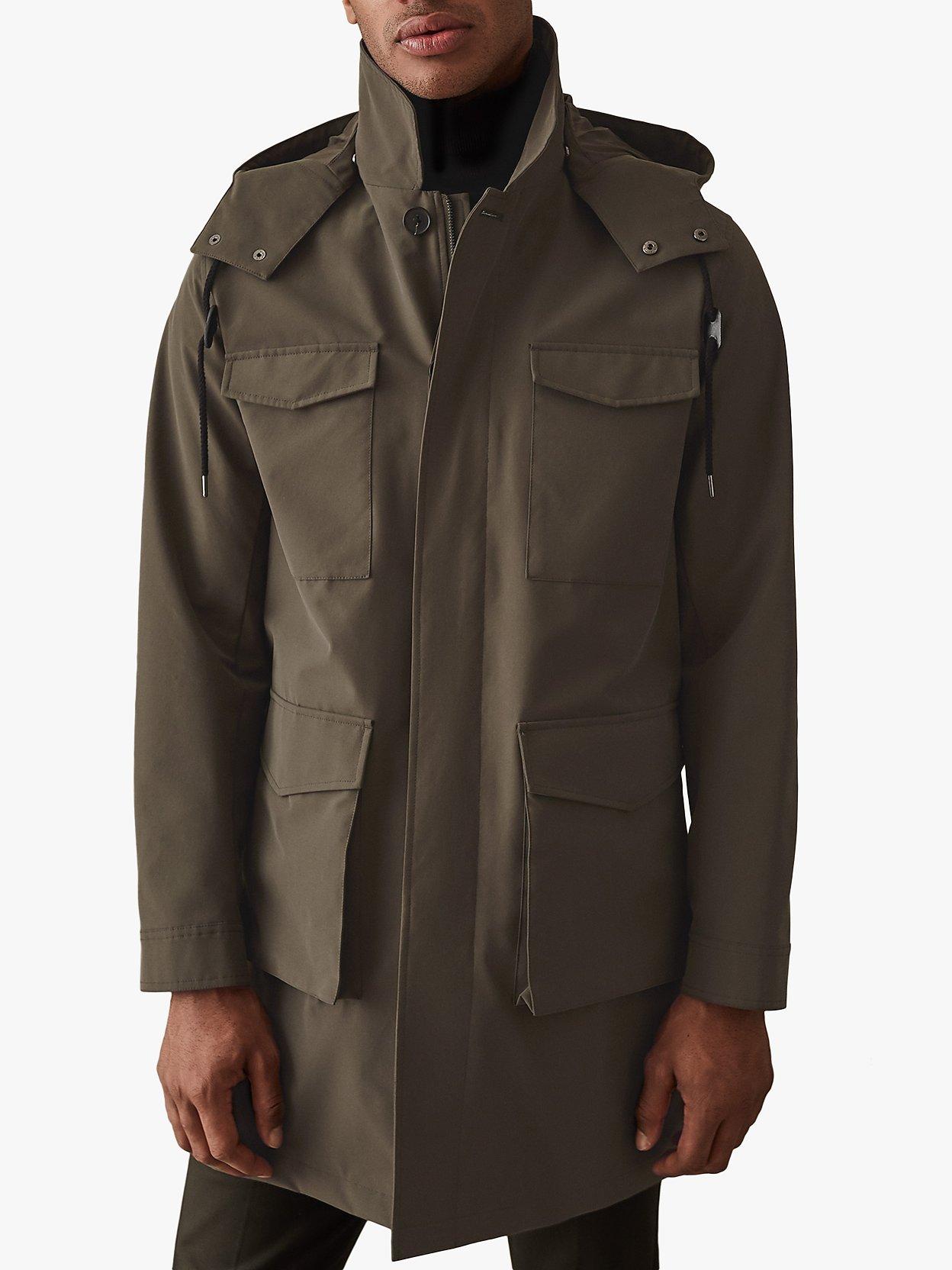 Reiss Archer Four Pocket Mac with Detachable Hood, Khaki