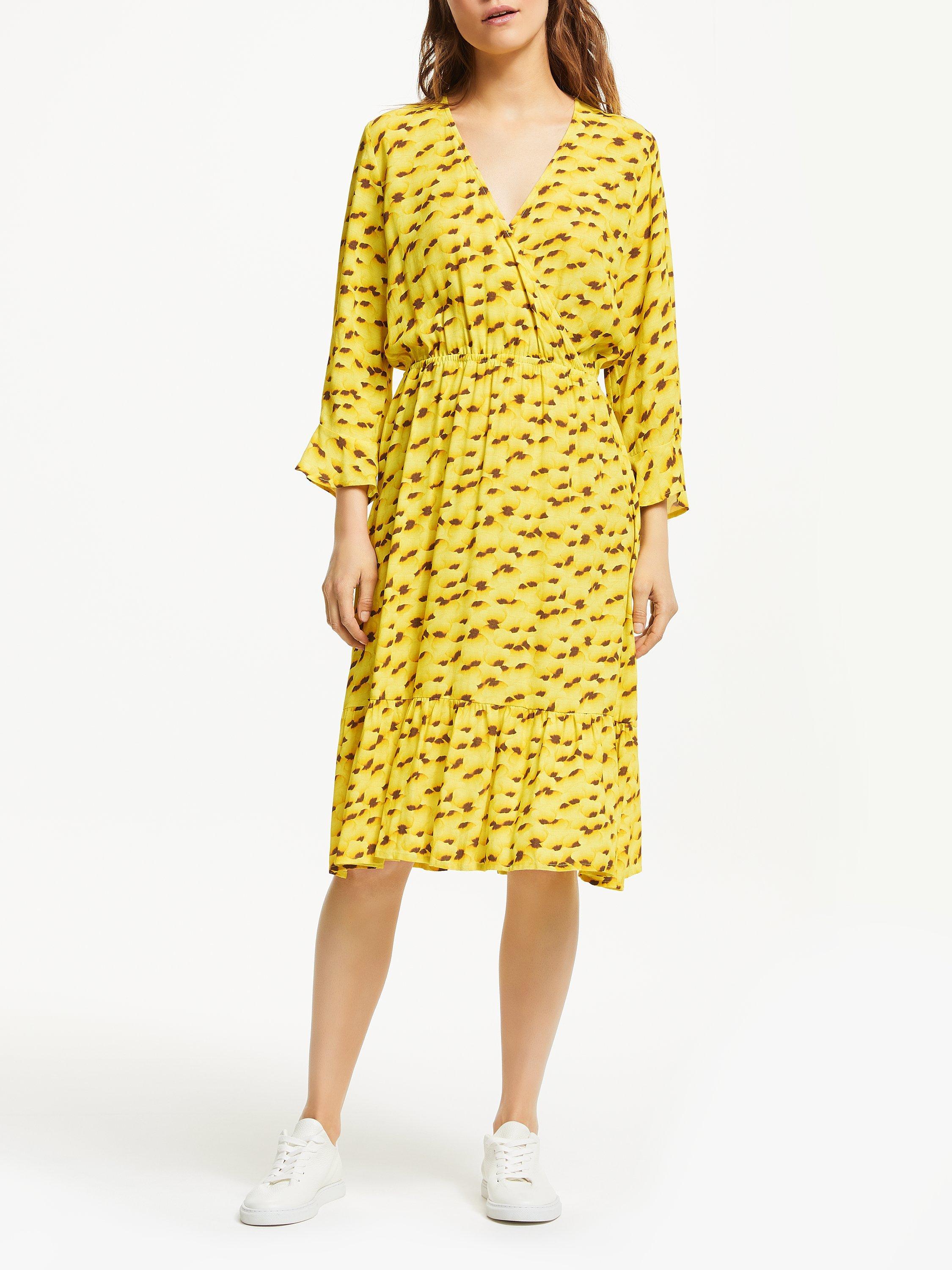 Numph Kamila Dot Print Wrap Ruffle Dress, Yellow Pear