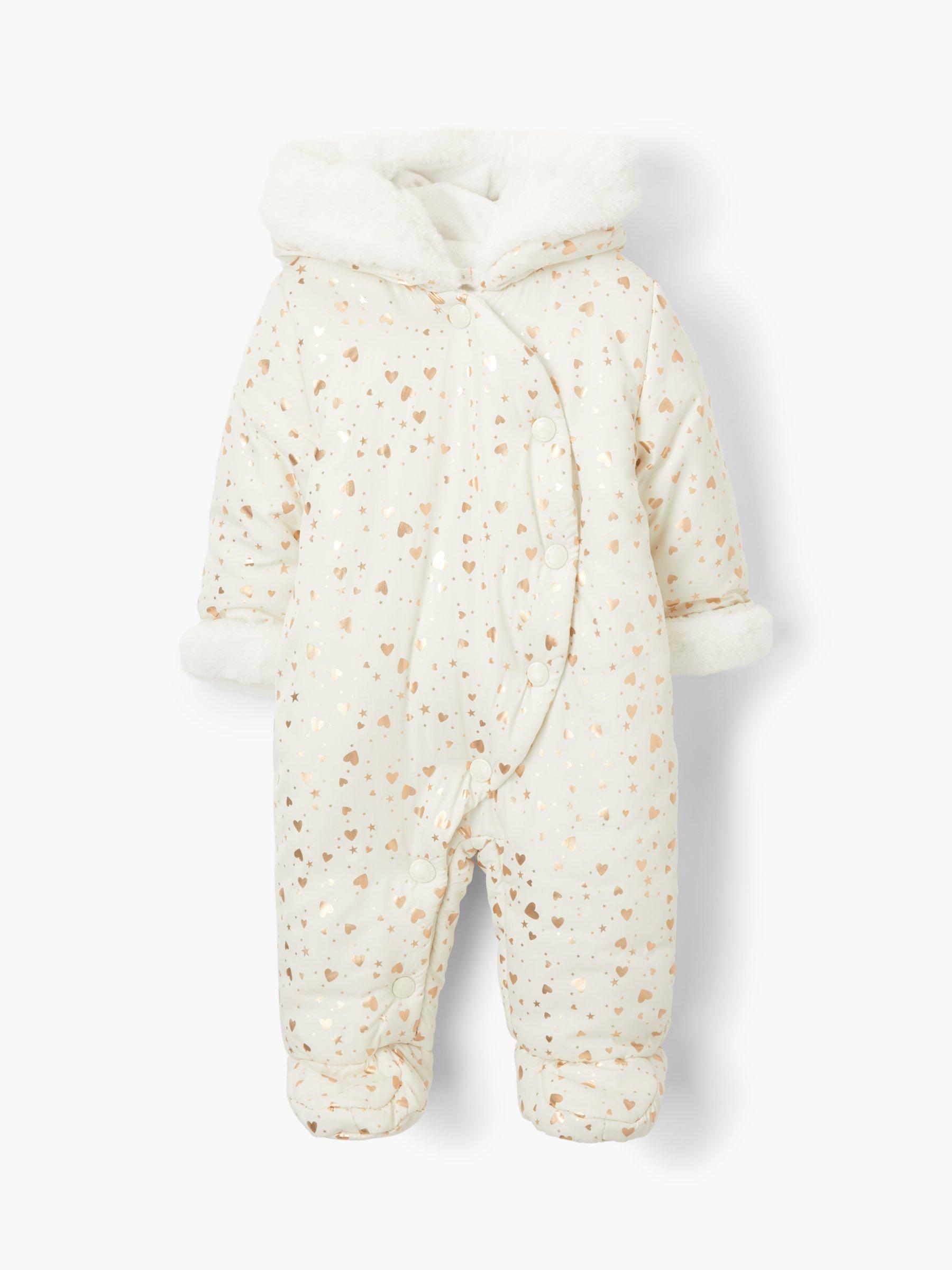 John Lewis Partners Baby Foil Heart Snowsuit Cream