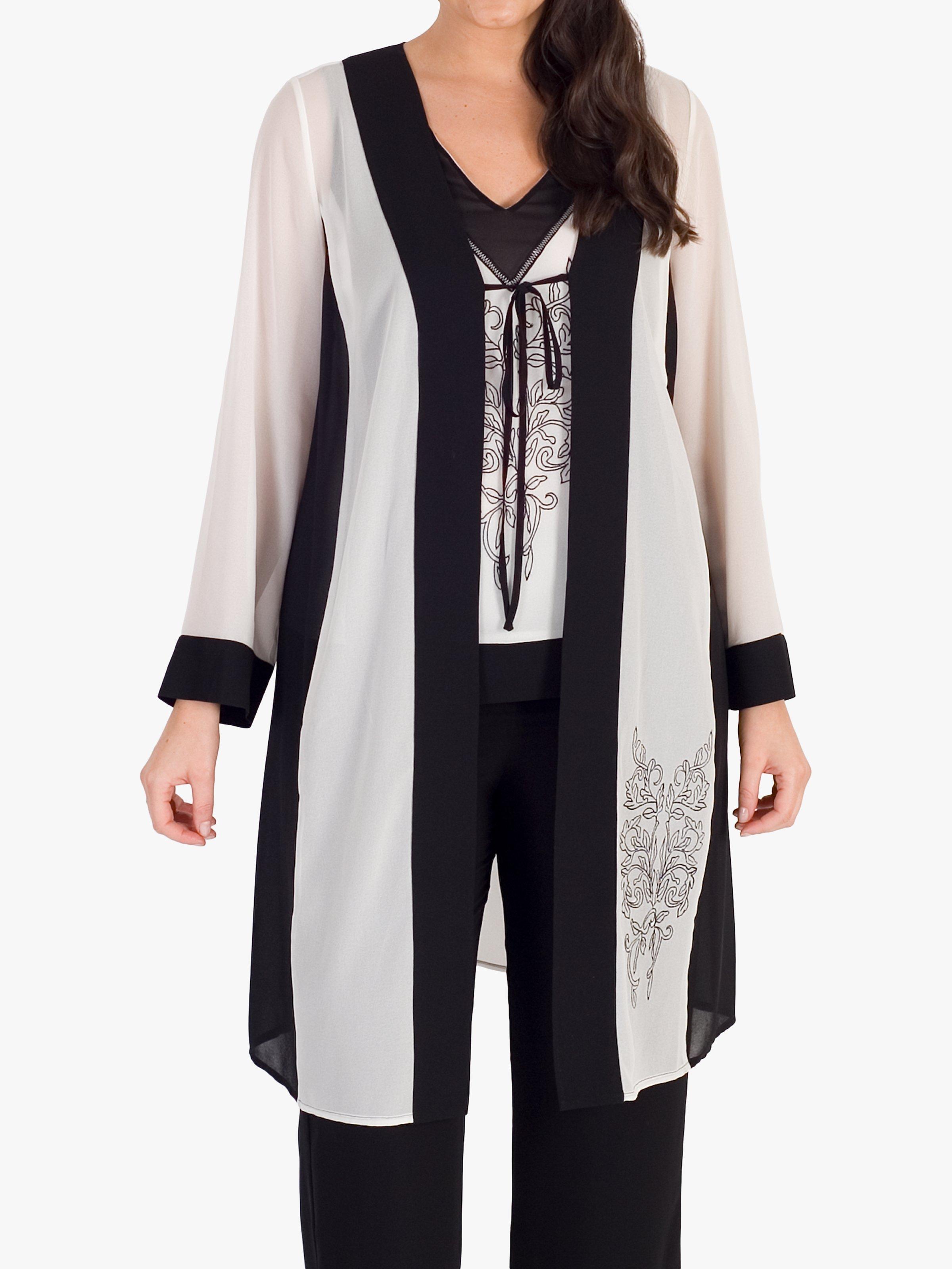 Chesca Contrast Trim Embroidered Chiffon Coat, Black/Ivory