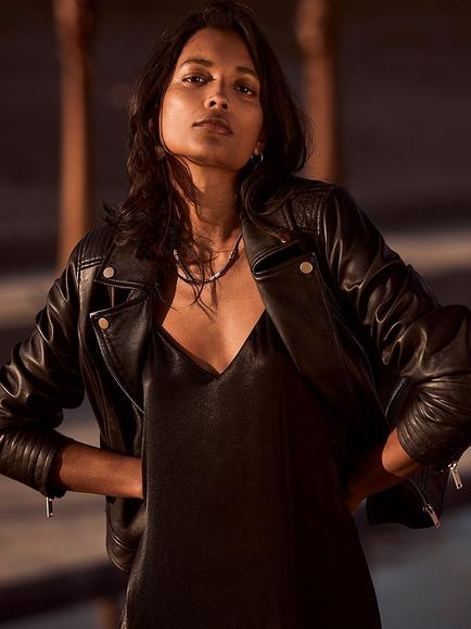 Mint Velvet Leather Zip Biker Jacket, Black, Black