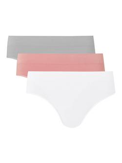 John Lewis Seam Free Ribbed Bikini Knickers, Pack of 3, Pink/White/Grey, Pink/White/Grey