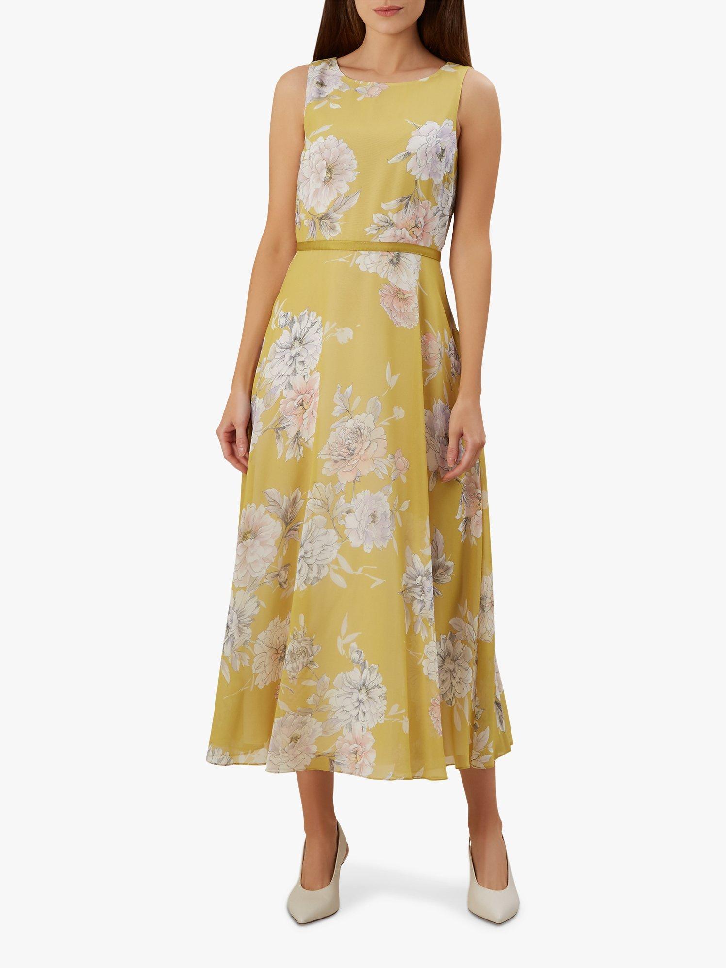 Hobbs Carly Floral Print Ribbon Midi Dress, Citrine/Multi