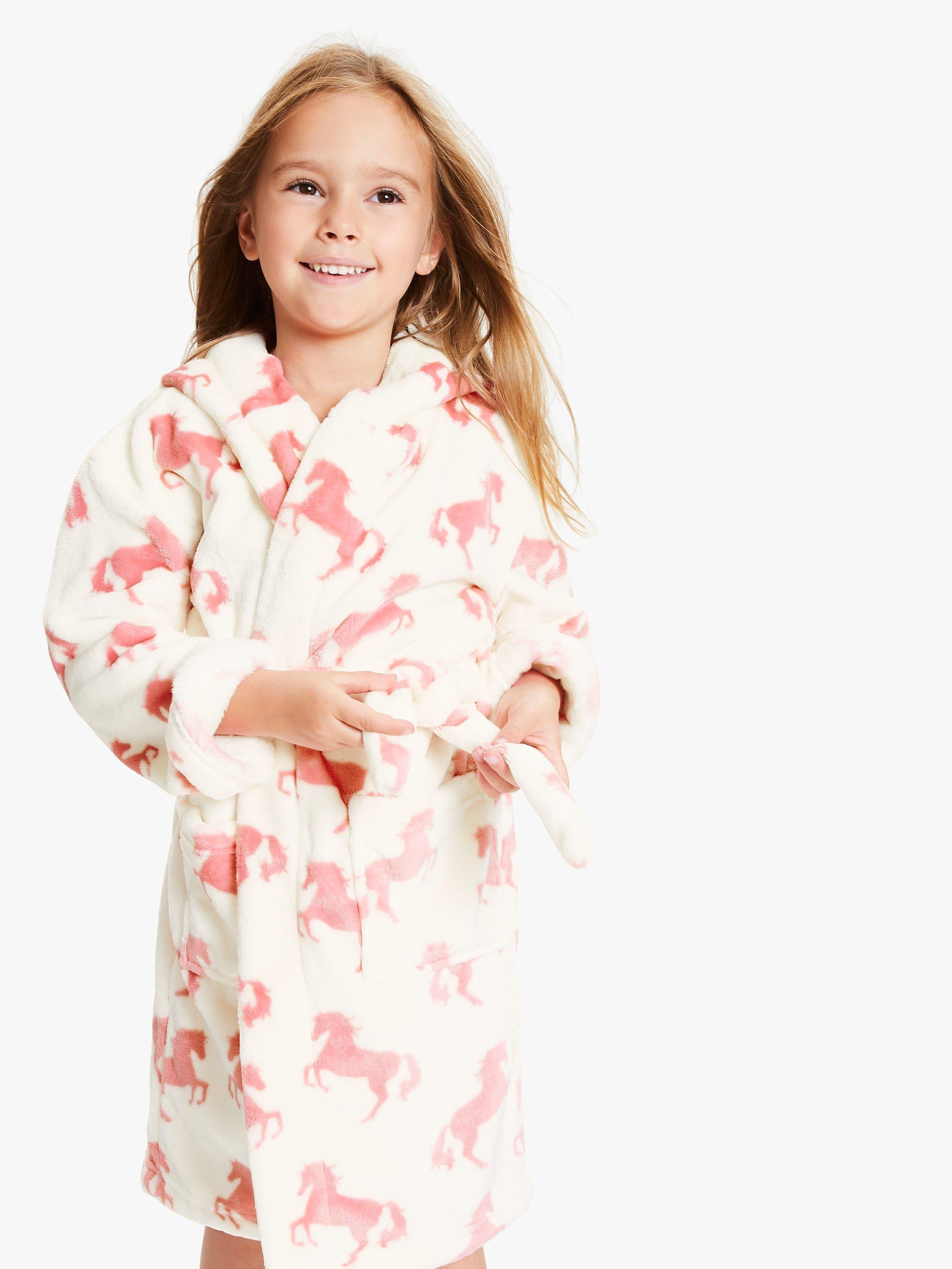 Hatley Girls' Horse Print Fleece Robe, Cream/Pink