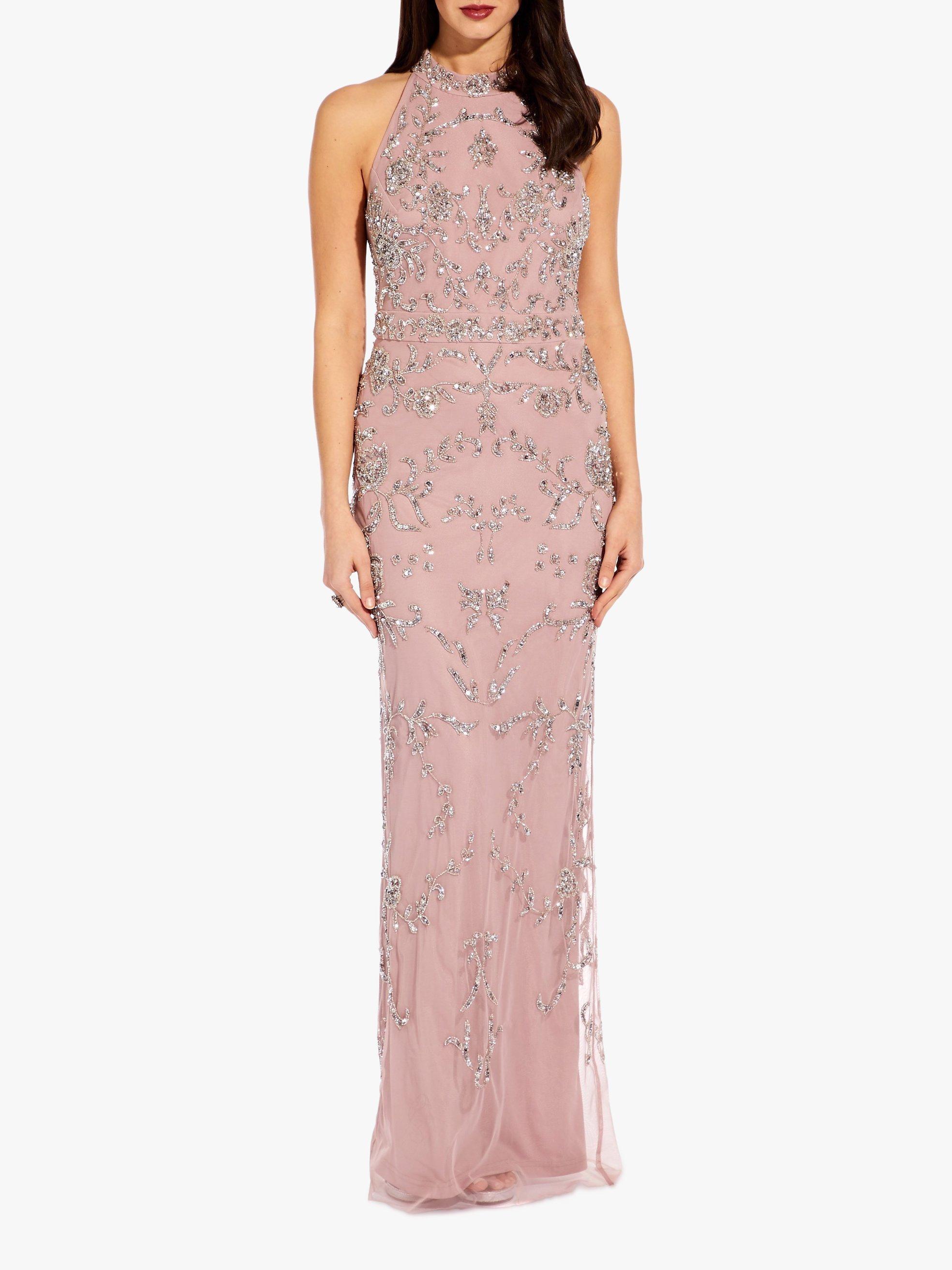 Adrianna Papell Beaded Halter Dress Dusted Petal Pink