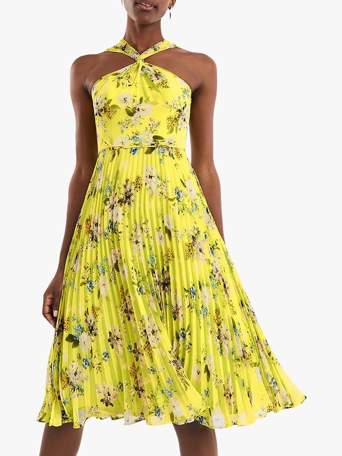 Oasis Daisy Haze Cross Strap Pleated Midi Dress, Multi Yellow