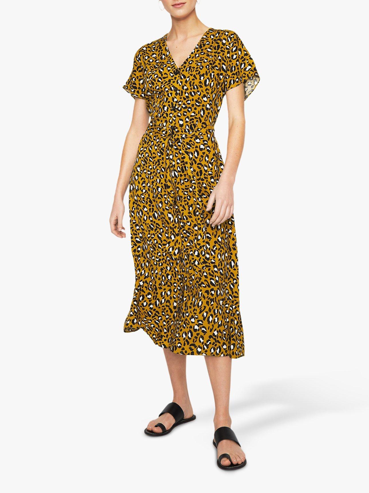 Warehouse Leopard Print Button Through Dress Mustard