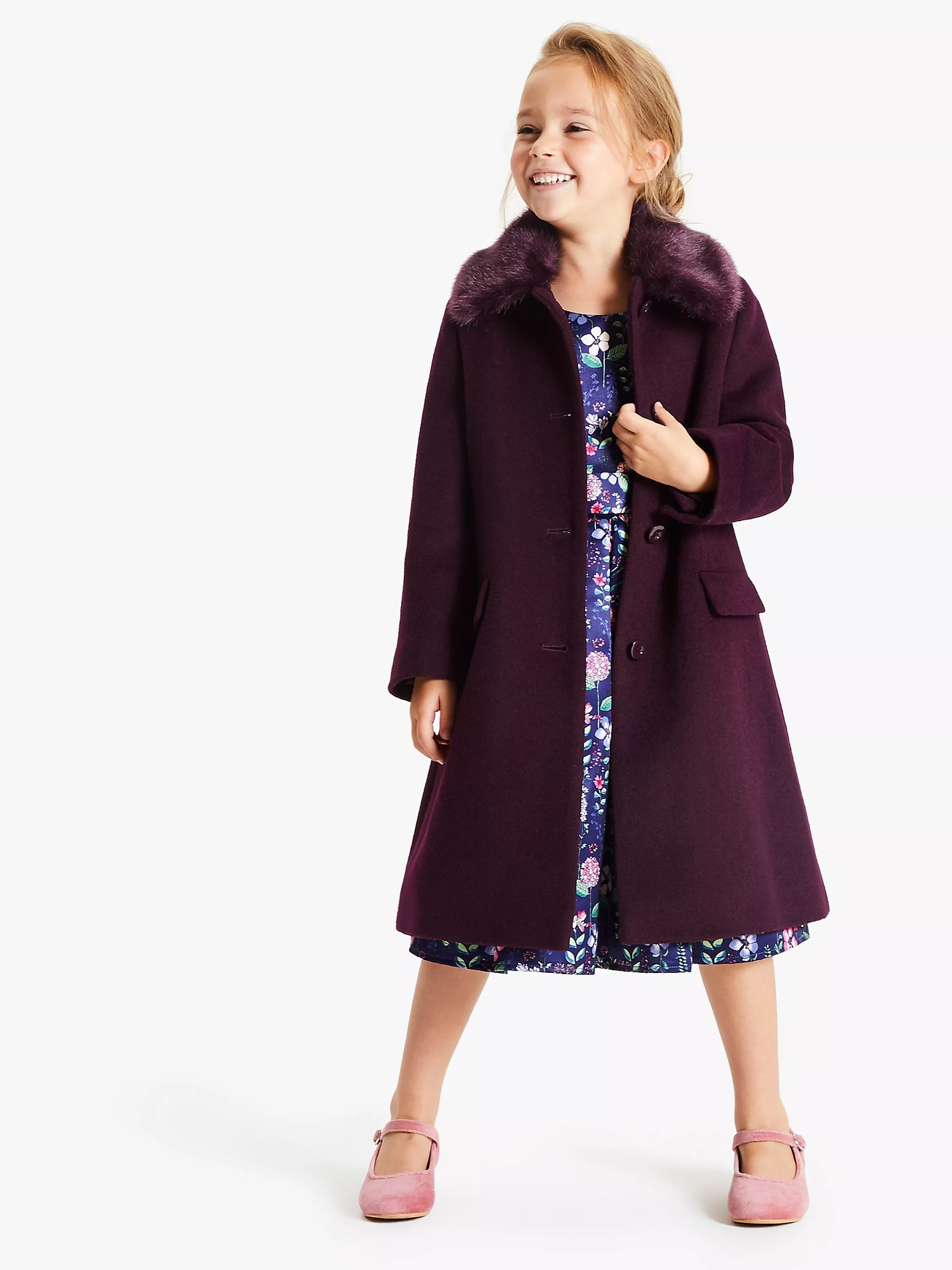 John Lewis Partners Girls Faux Fur Collar Coat Plum