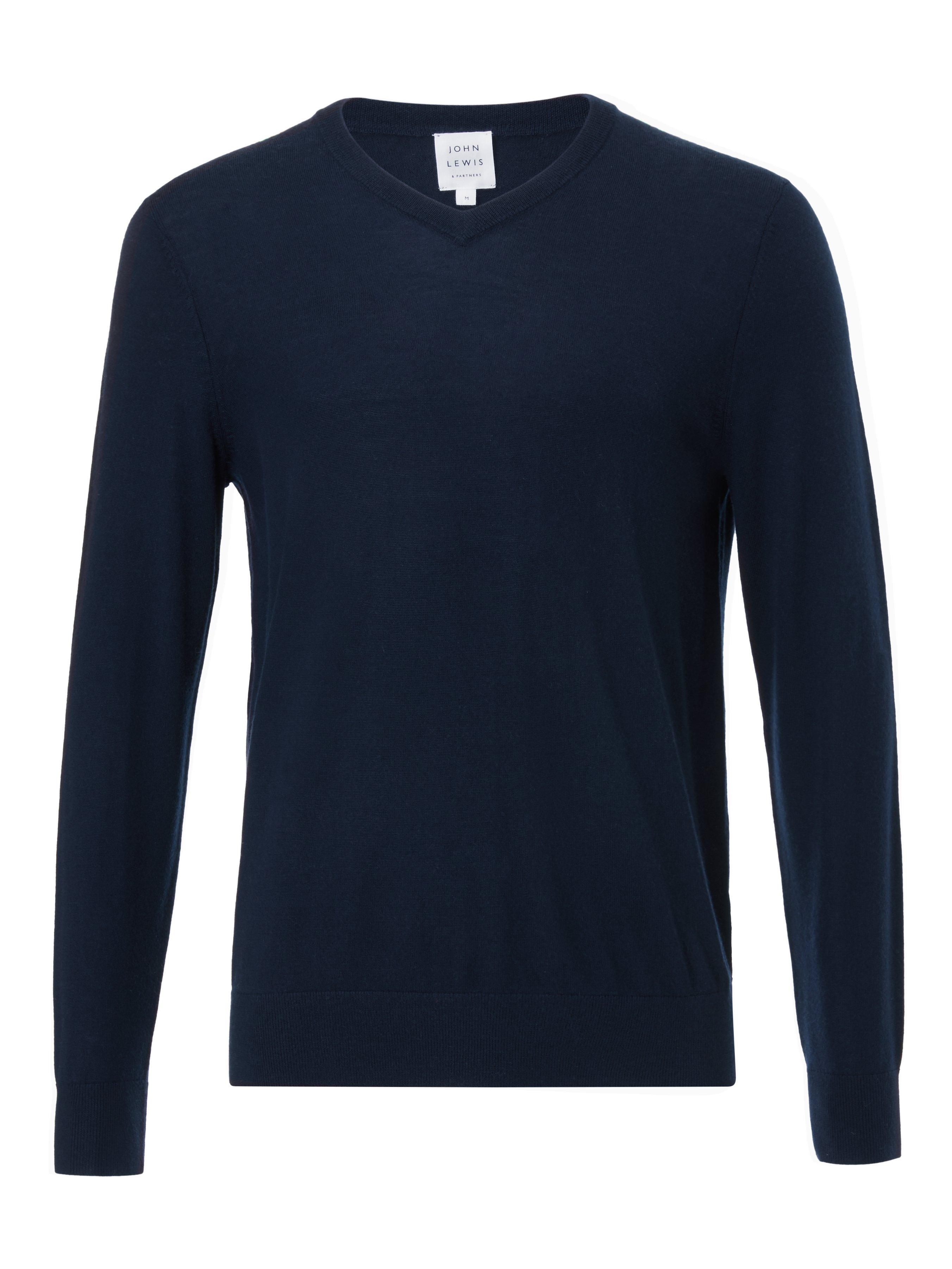 John Lewis Extra Fine Merino Wool V-Neck Jumper, Navy, S