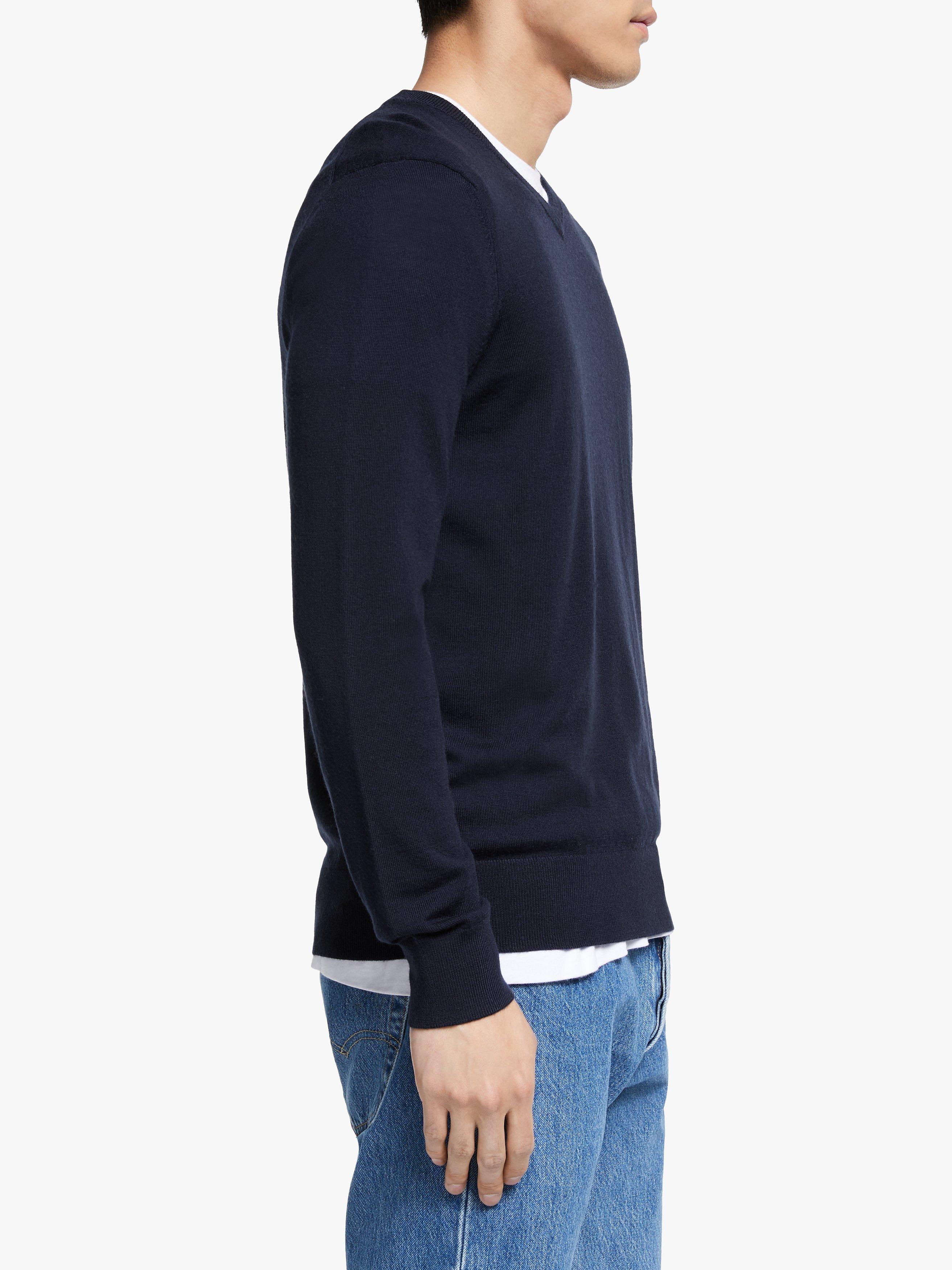 John Lewis Extra Fine Merino Wool V-Neck Jumper, Navy, S