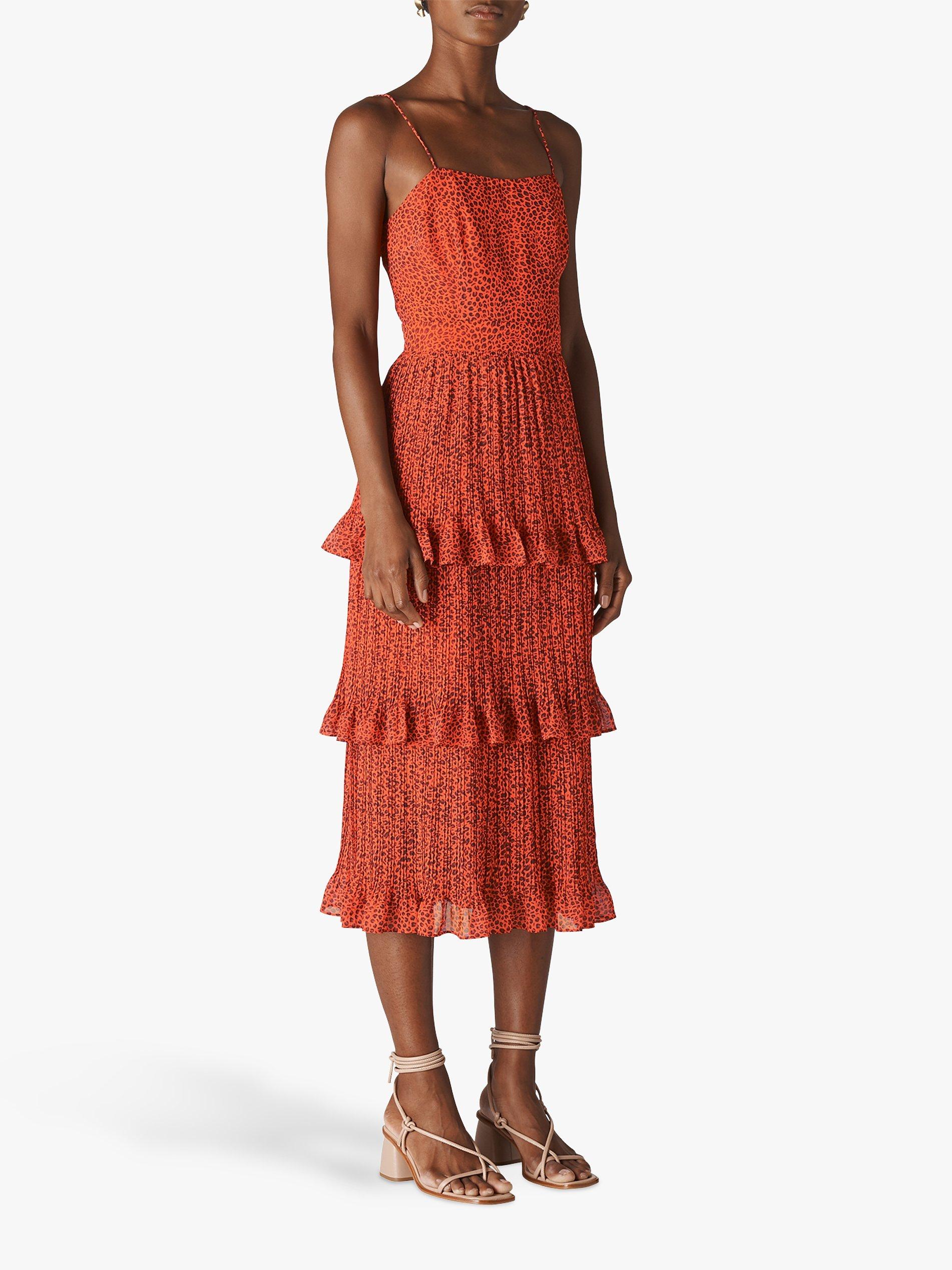 Whistles Mini Leopard Pleated Dress, Flame/Multi